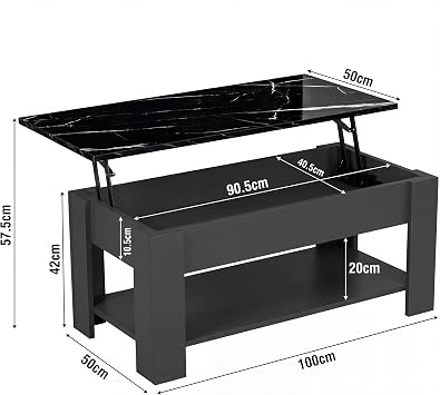 Blisswood Coffee Table With Storage, Lift Up Coffee Tables for Living Room, Wooden Coffee Table With 1 Shelf Large Hidden Storage Modern Rectangular Sofa End Lift-Top Tea Table Grey + Black Marble