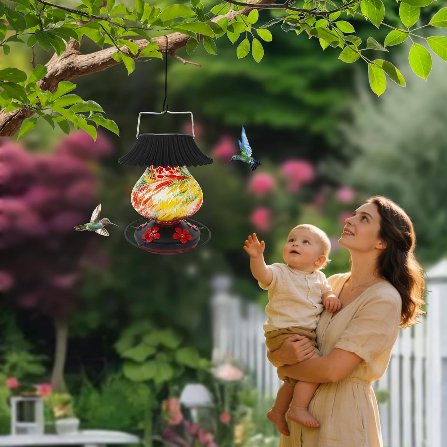 Solar Hummingbird Feeder-5 Feeding Ports with Perch, Hand Blown Glass Red Tree Sea Color Changing-Never Leak, Multicolor Night Lights – Perfect Hummingbird Feeder for Outdoors for Nature Enthusiasts