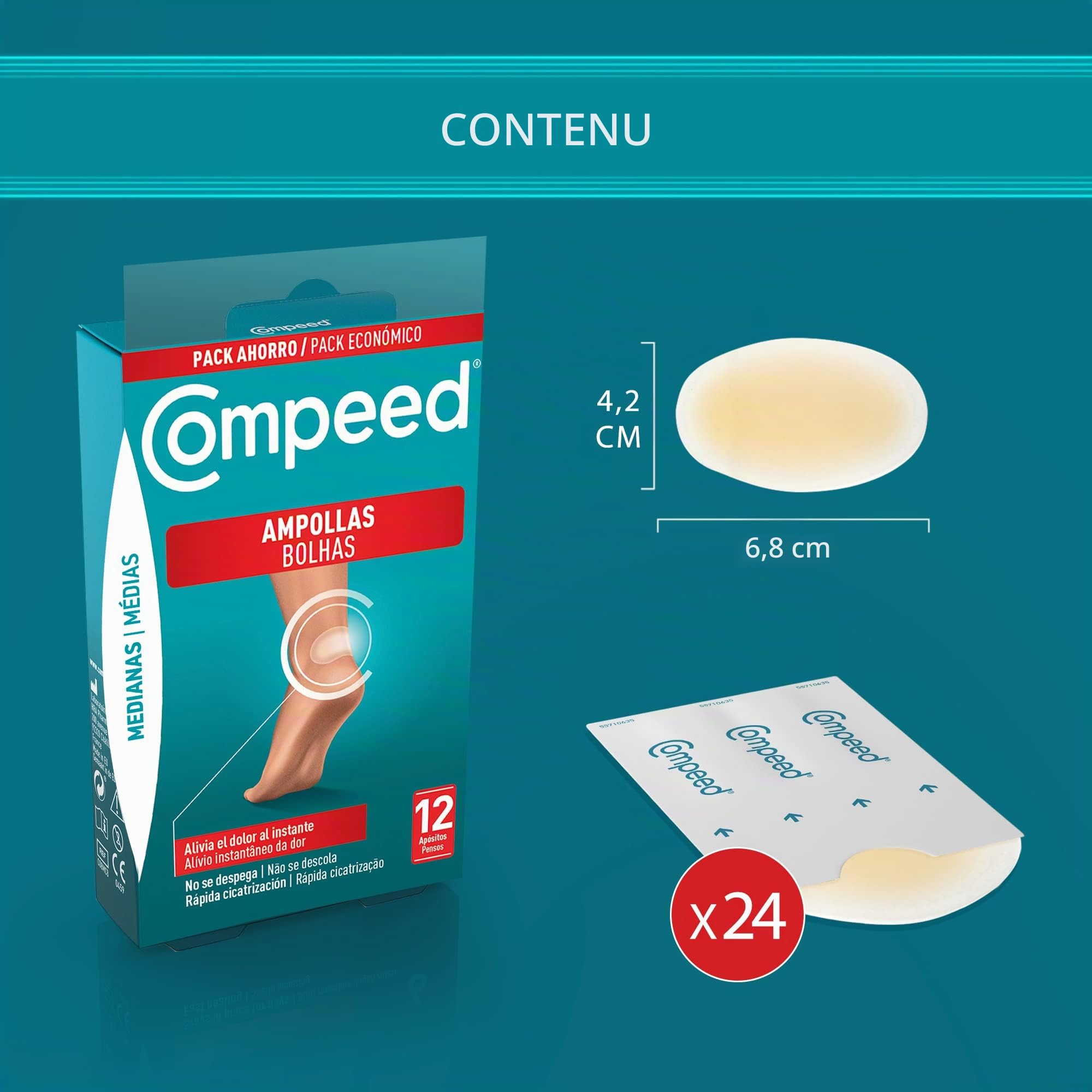 DUPLO- COMPEED Ampoules moyennes x24 (ON THE GO) - Pack de 2 - Soins aux pieds, soulagement de la douleur, emballées individuellement