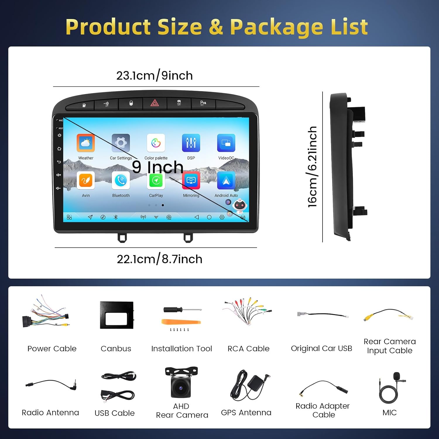Diagram showing product dimensions and all included accessories