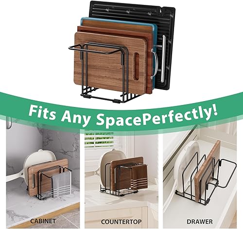 Miniatura 7 de Organizador de tabla de cortar, estante de almacenamiento de cocina de acero con 5 ranuras para tablas de cortar, bandejas para hornear, toallas y