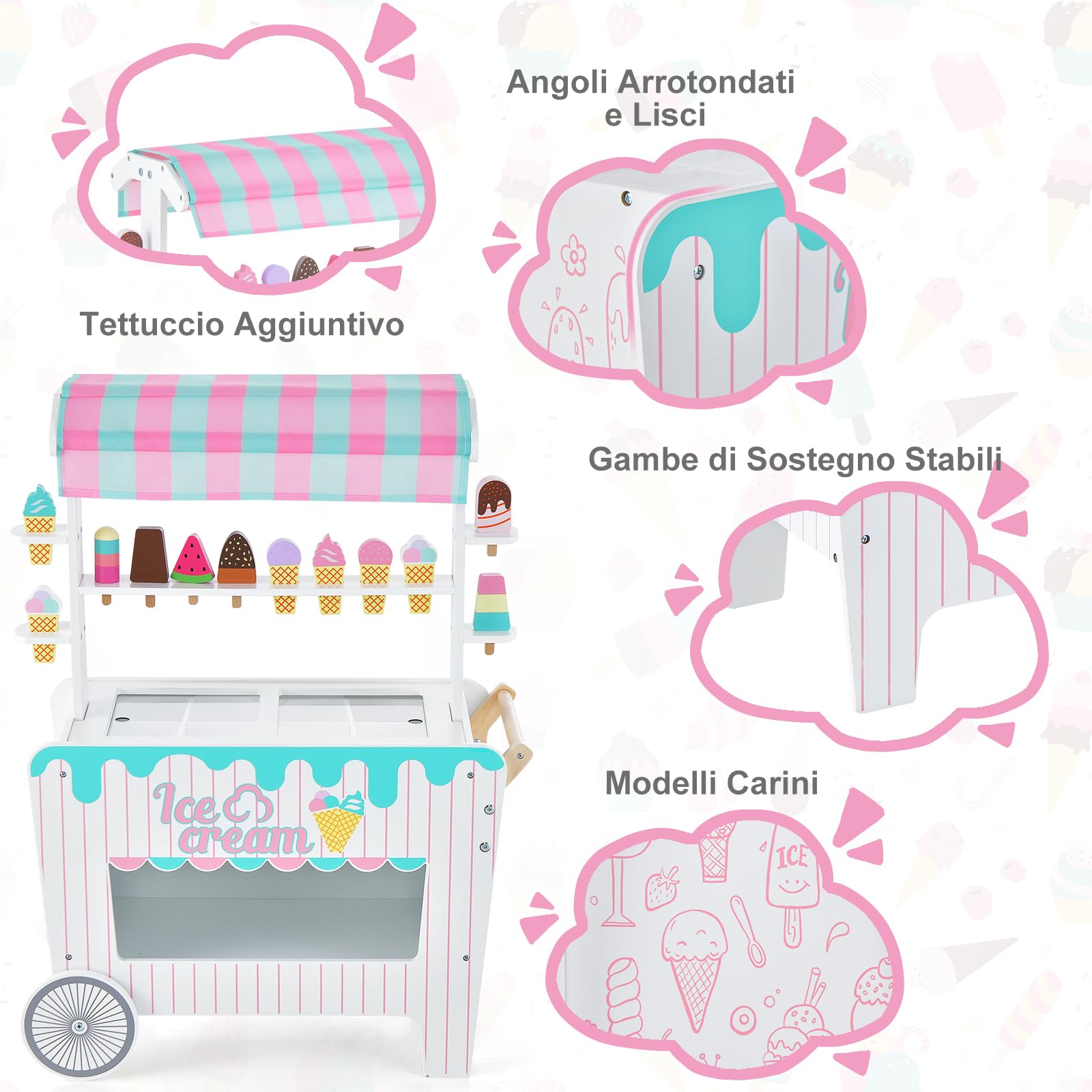 GYMAX Carrello dei Gelati per Bambini con 2 Ruote, Tettuccio Unico, Supporto per Commercianti con Ripiano Espositivo e Scomparto per il Congelatore, Giochi d'imitazione per Bambini 3 Anni+