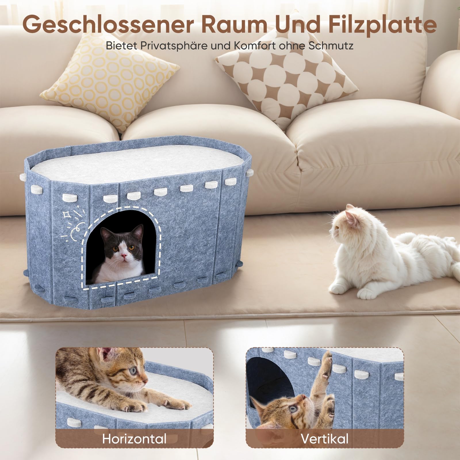Filz Katzenhöhle Zweistöckig, Abnehmbare Waschbare Katzenhaus mit Doppelseitiger Matte, 58x33x30cm Kratzfest Katzenbett für Indoor Katzen, Vierjahreszeiten Geeignet