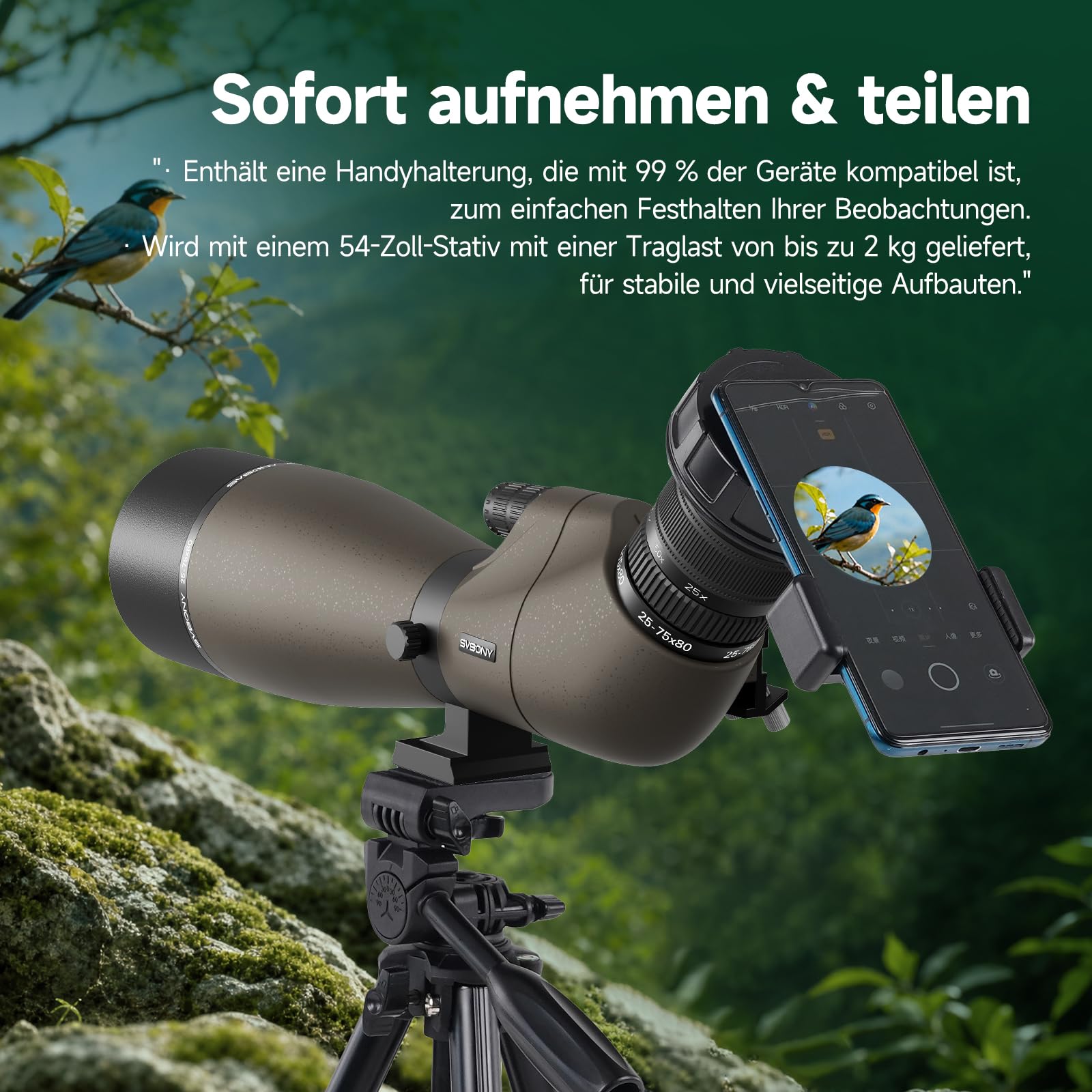 Svbony SV29 25-75x80mm Cannocchiale con attacco a coda di rondine e Treppiede, ampio campo visivo, prisma di Porro FMC, con adattatore per smartphone per tiro al bersaglio, birdwatching e osservazione