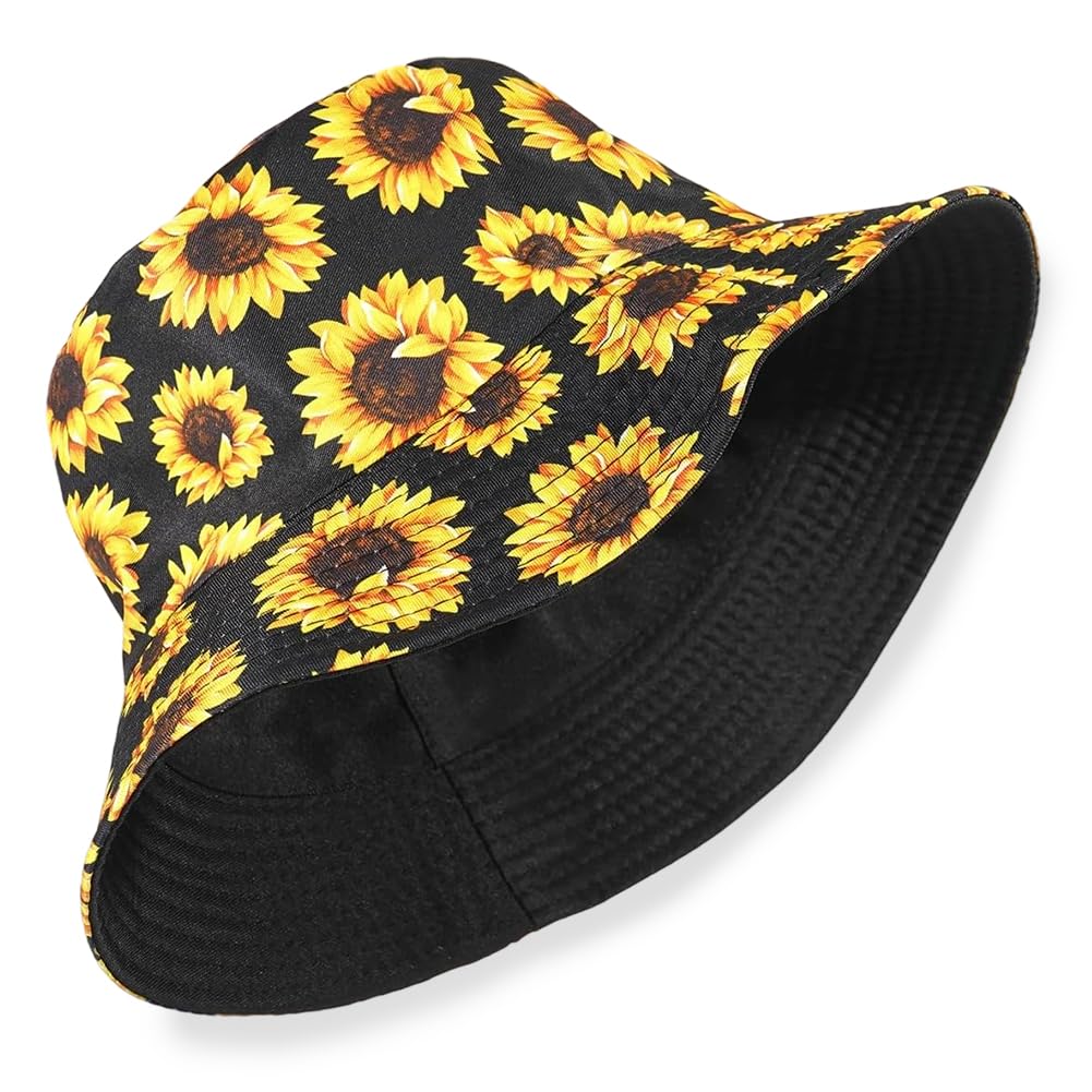 Moda Imprimir Bucket Hat Summer Fisherman Cap para Hombres Mujeres, Cute Crisantemo Imprimir, Fisherman Hat para el Verano Senderismo Camping Viajes Pesca Golf Beach(Black)