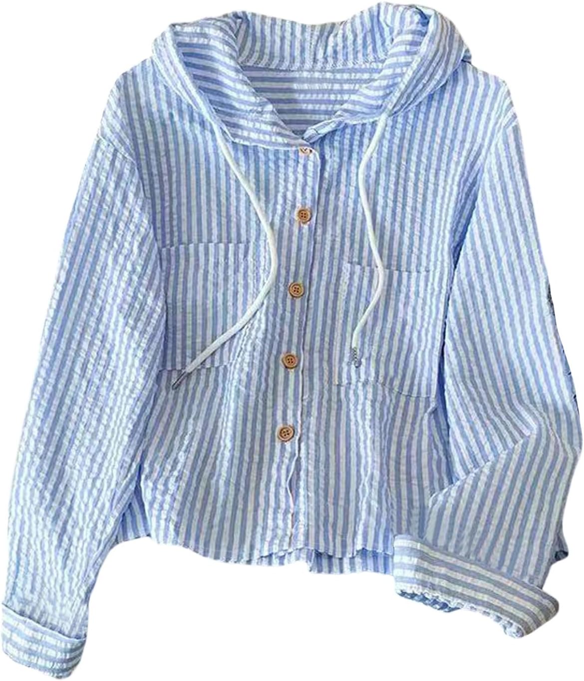 SOLY HUX Women's Striped Button Down Shirt Hooded Drawstring Long Sleeve Casual Blouse Tops