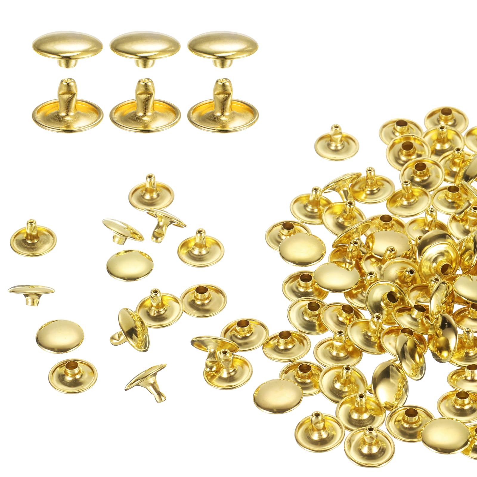 sourcing map 100 Sets Double Cap Rivets 12x8mm Carbon Steel Round Head Snaps Studs Fasteners Tubular Metal Studs for Leather Craft Repairs Decoration, Gold