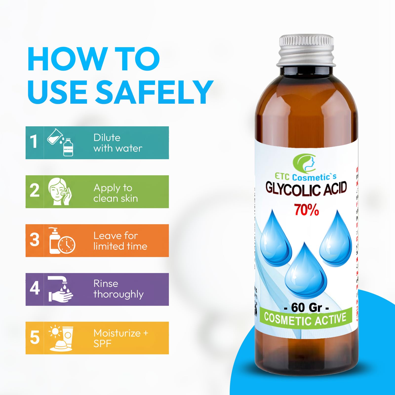 Acido glicolico - 60 gr - 70% Soluzione esfoliante AHA ad alta potenza | Formula per un profondo rinnovamento della pelle e una texture più definita | A base d'acqua