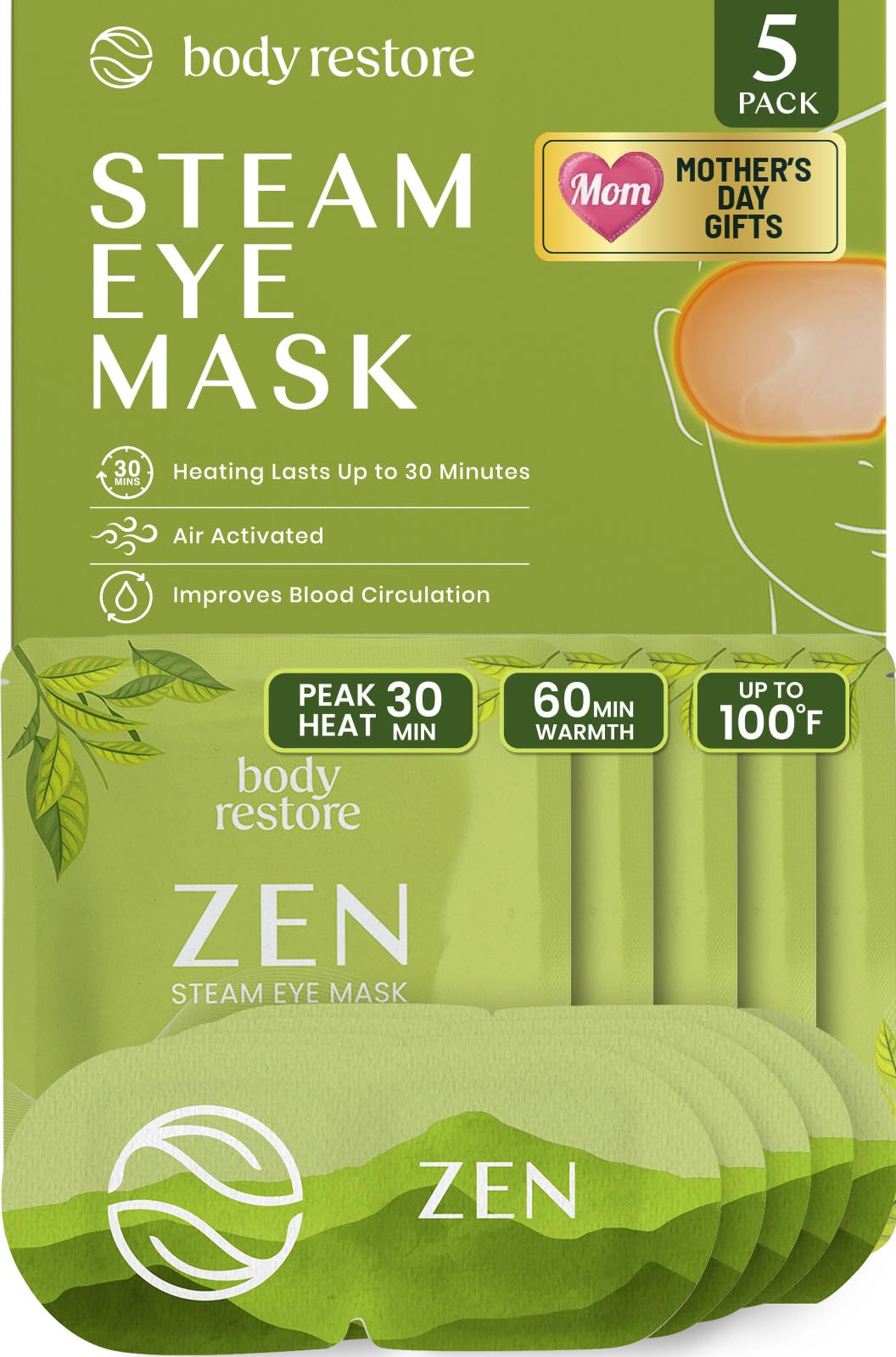 Body Restore Heated Eye Mask for Dry Eyes 5 Pack – Mothers Day Gifts for Mom, Self Heating Warm Compress, Birthday Gifts for Women, Relaxation – Green