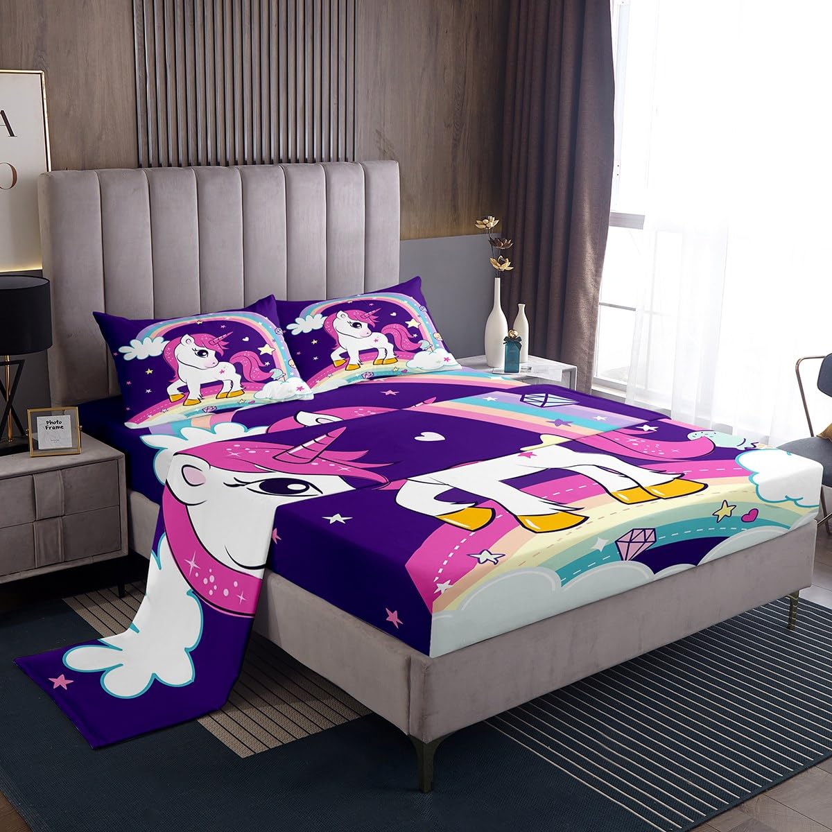 Juego de sábanas de Unicornio para niñas, Lindo Juego de sábanas de Unicornio con diseño de Caballo de ensueño con Bolsillo Profundo para niños y niñas, Juego de Ropa de Cama de Unicornio mágico Tama