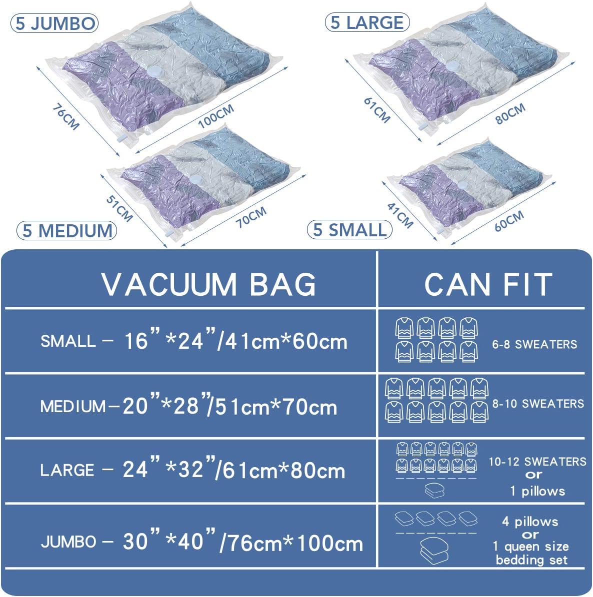 Vacuum Storage Space Saver Bags for Clothes, 20-Pack (5x Jumbo, Large, Medium, Small) Vacuum Sealer Bags for Comforters and Blankets (20 Combo)