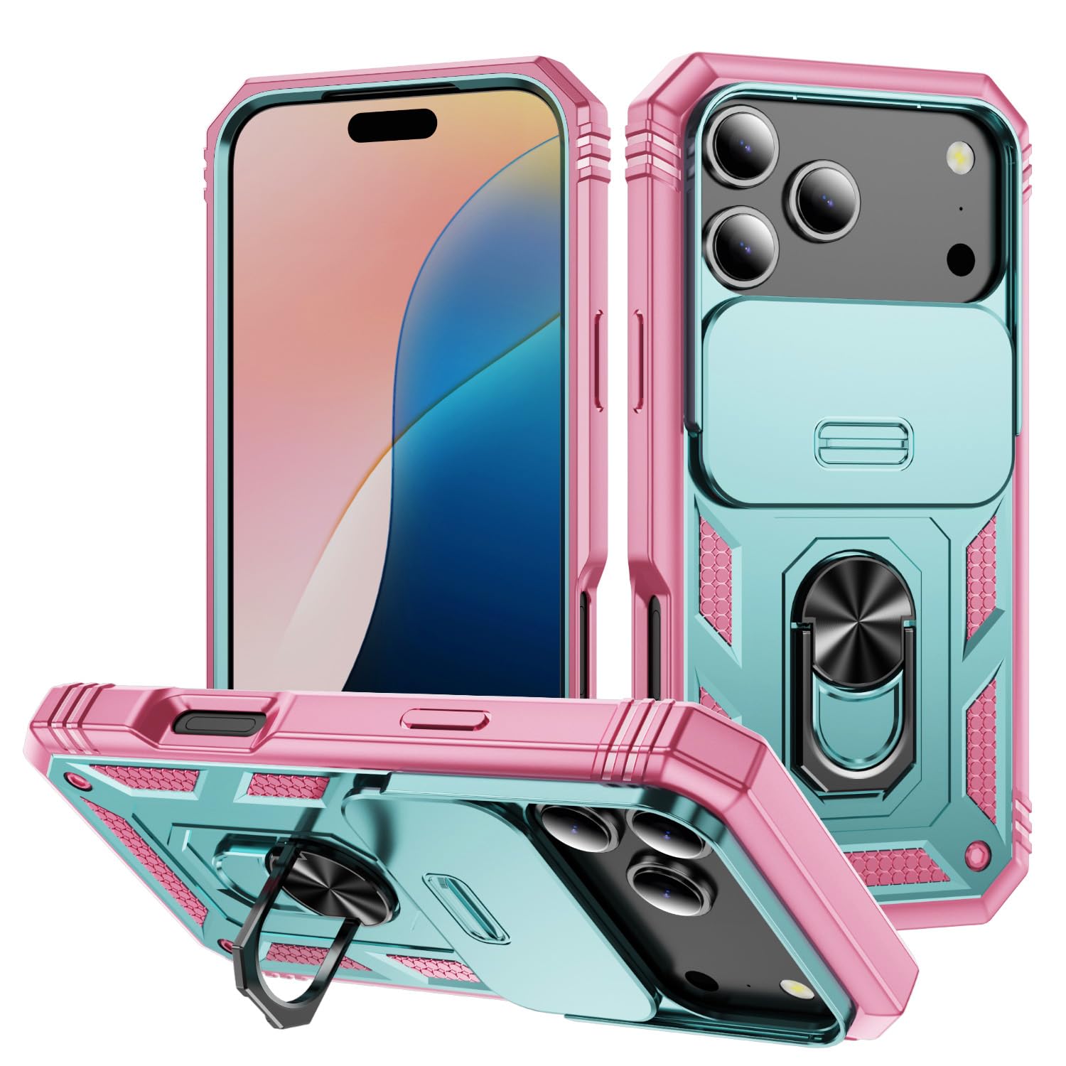 Case Compatible with iPhone 17 Pro Max, Shockproof Impact Resistant with Slide Lens Protective Cover Case for iPhone 17 Pro Max 6.9 inch (Pink Green)