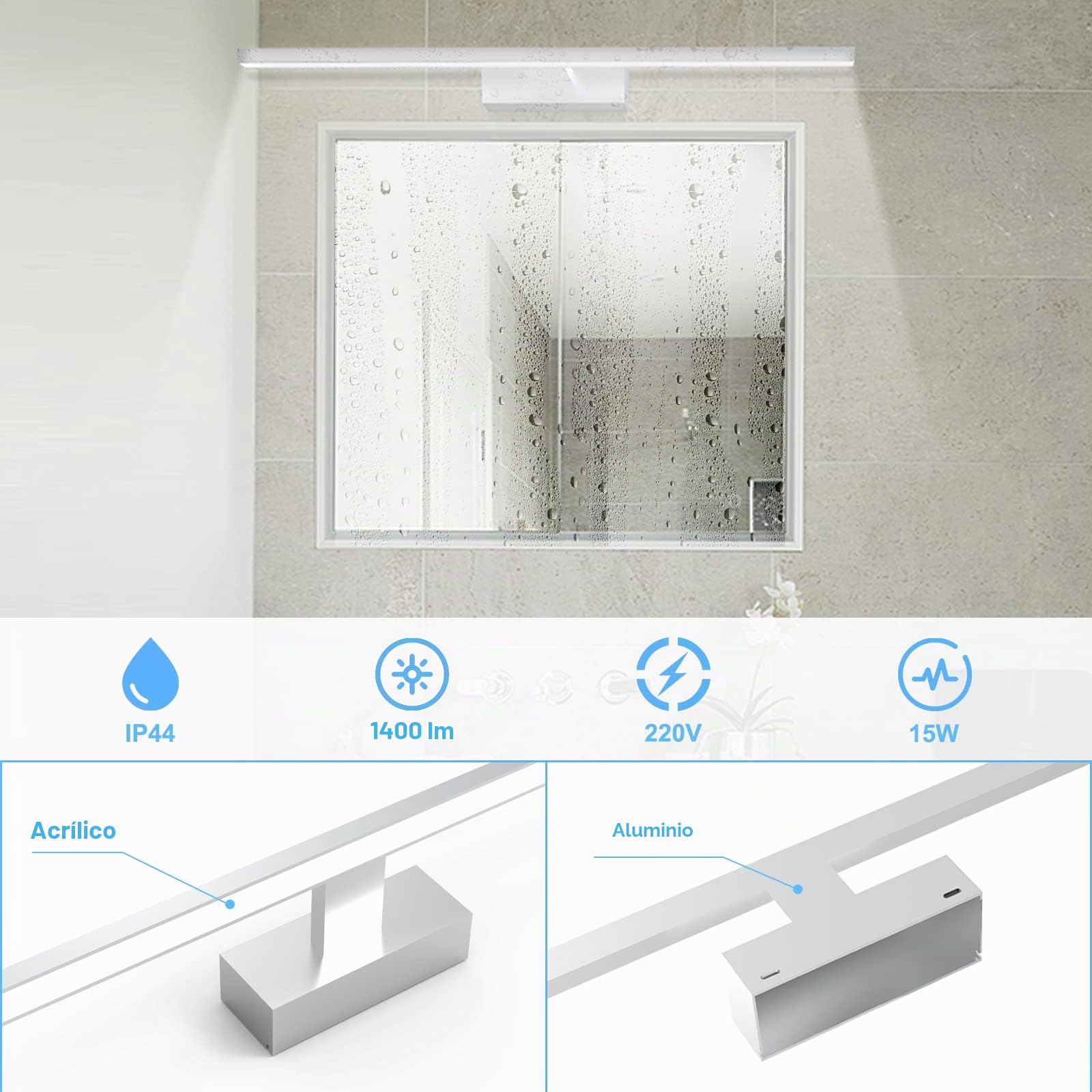 NIORSUN Lámpara LED Para Espejo de Baño, 18W 80cm, 1800 Lm, Atenuación Libre 3000K - 6000K, Regulable Con Mando a Distancia, Acero Inoxidable, Aplique Impermeable IP44