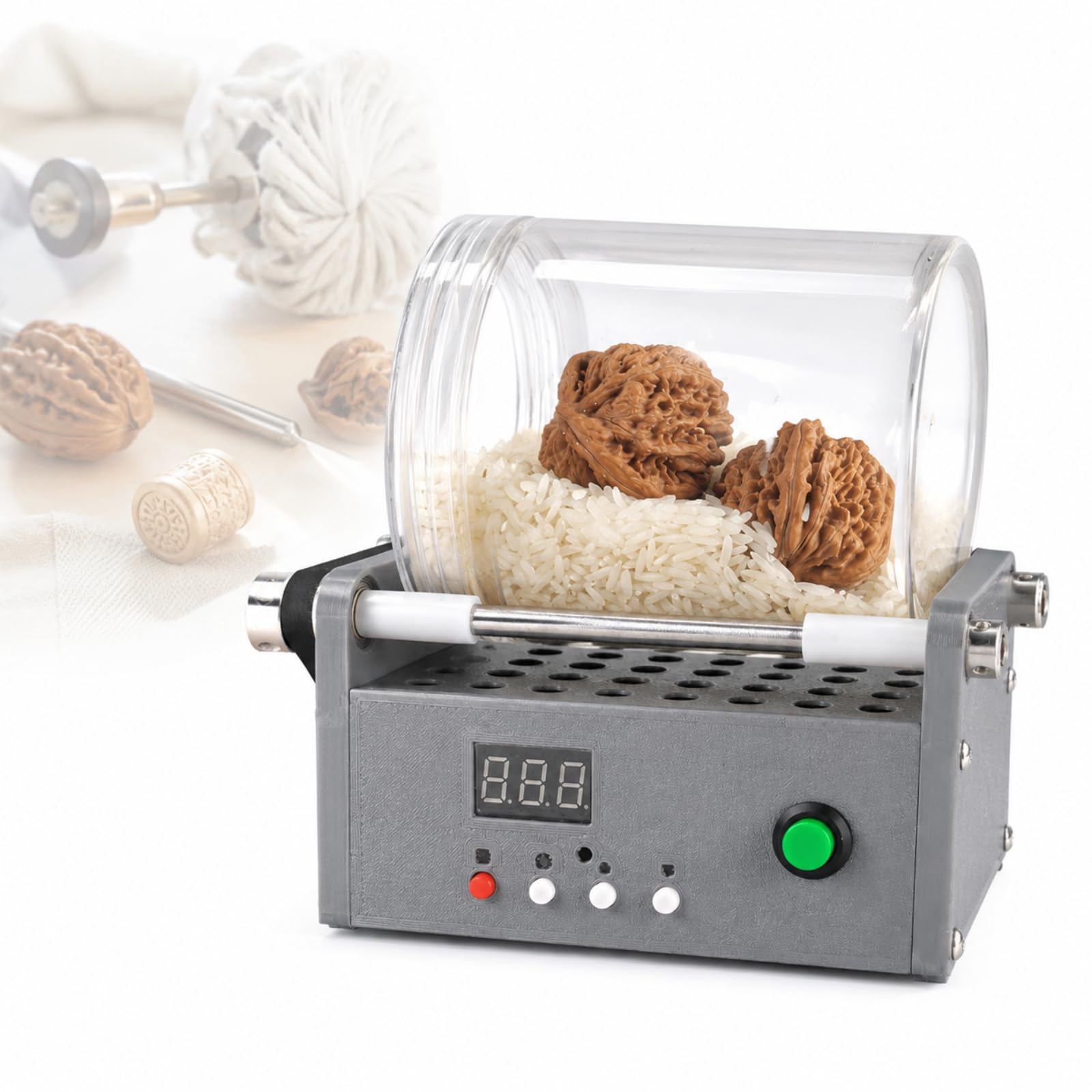 Mini polisseuse à tambour de table, polisseuse rotative électrique avec vitesse réglable de 0 à 60 tr/min, minuterie intégrée et tambour scellé en PET pour abrasifs à sec, Walnut Crafts