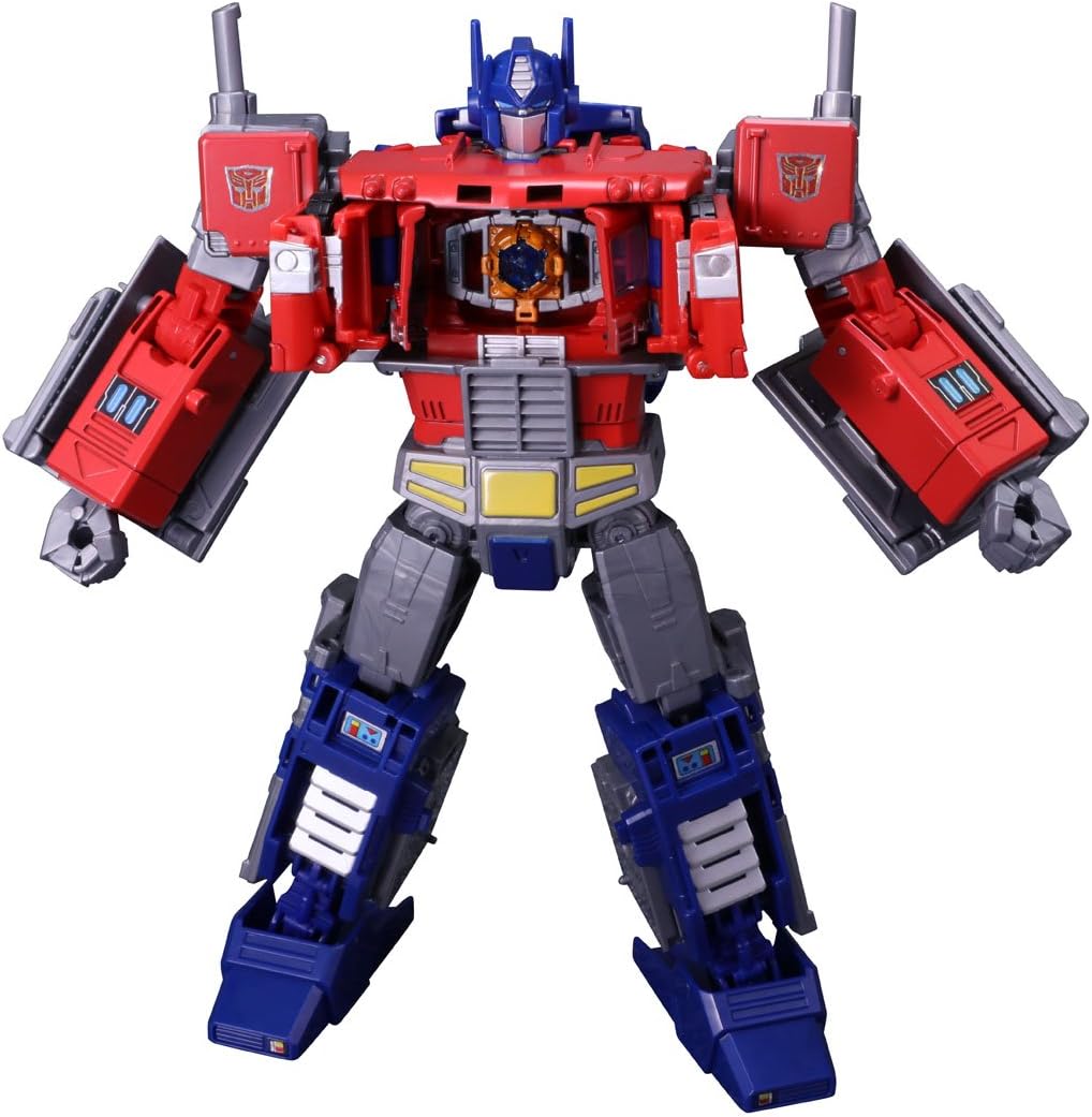 Optimus Prime robot mode with chest open, revealing an empty slot for a Spark Core.