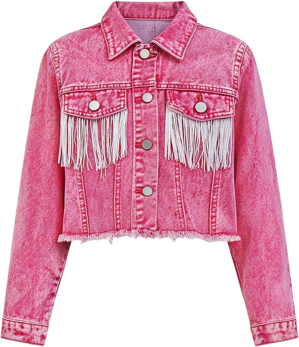 MakeMeChic Girl's Fringe Cute Denim Cropped Jackets Long Sleeve Raw Trim Button Down Jean Western Y2K Jacket