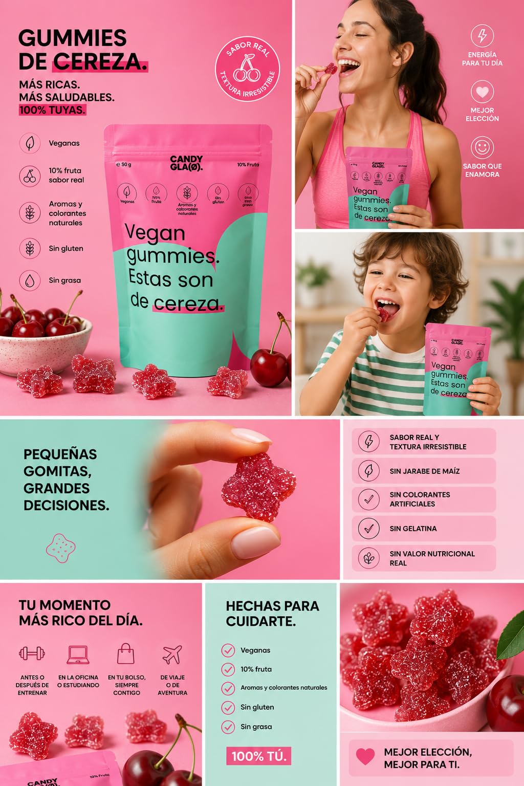 Candy Glam Pack Mixto de Gummies 14 Bolsas 7 Cereza + 7 Fresa Veganas Sin Gluten Sin Azúcares Añadidos Snacks de Fruta Sabores Surtidos