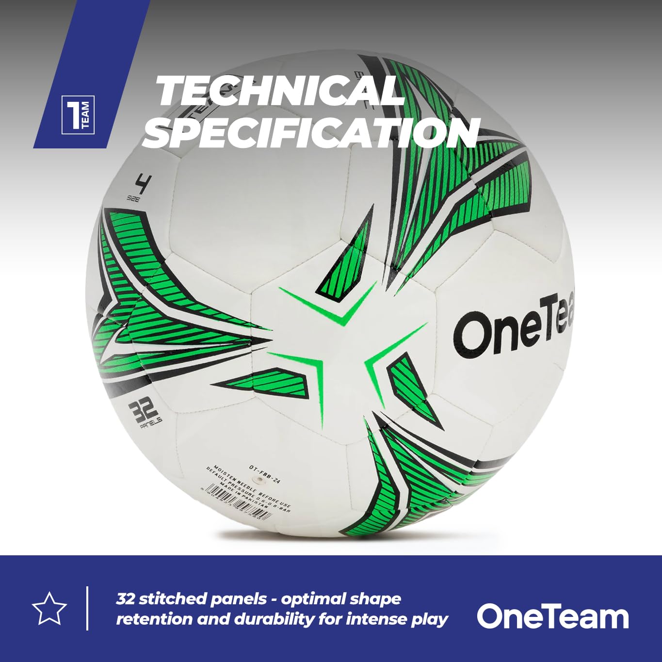 OneTeam Piłka nożna MS Basic, rozmiar 4, w kolorze zielonym, powłoka poliuretanowa, stabilny i trwały kształt piłki nożnej, wodoszczelna, elastyczna szyta, z Bounce Control, trwały nadruk 3D