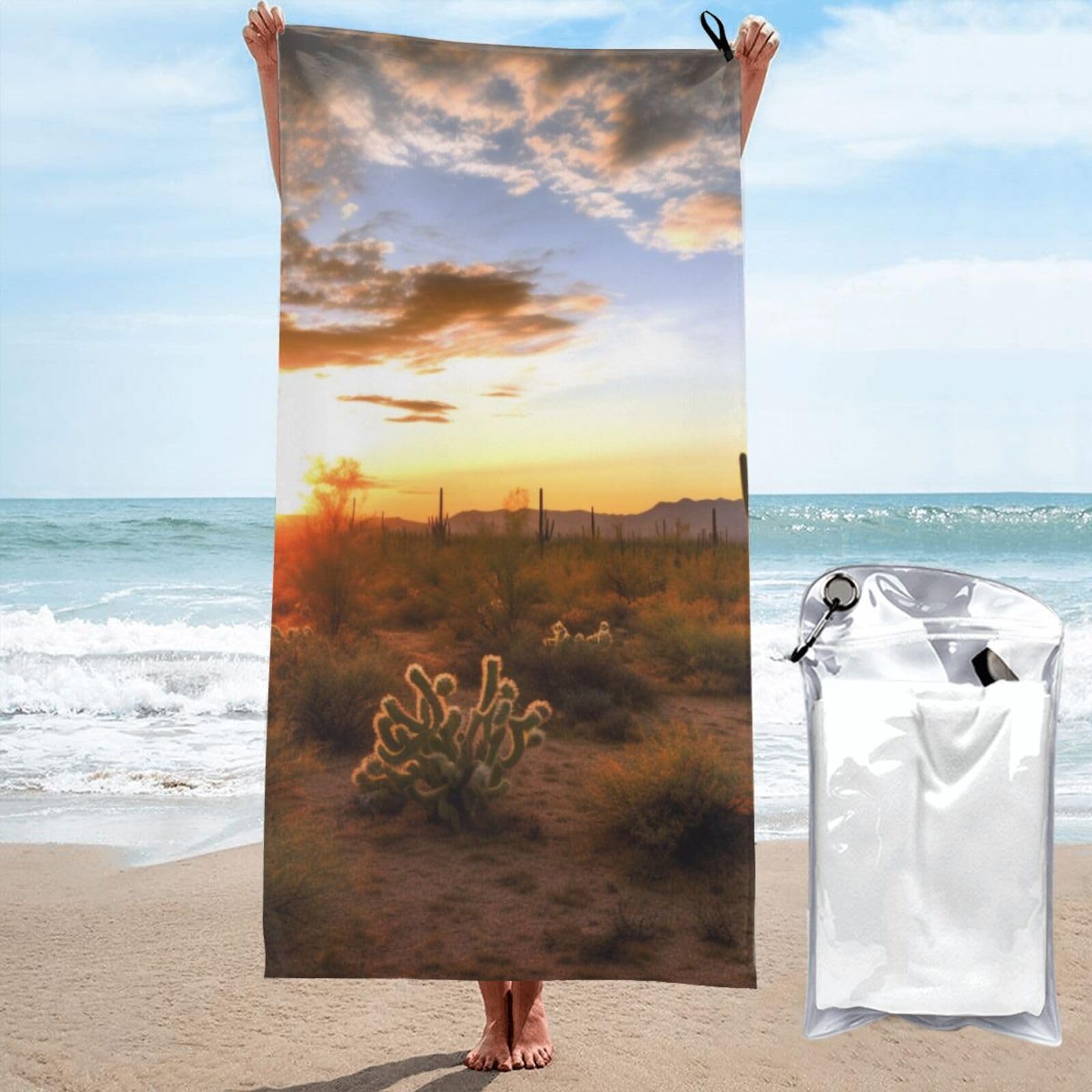 BWWHCCTI Saguaros at Sunset Printed Microfiber Quick Dry Beach Towel 80x160 CM, Fast Drying Bath Towels with Bags for Travel,Camping,Gym,Beach,Swimming,Yoga