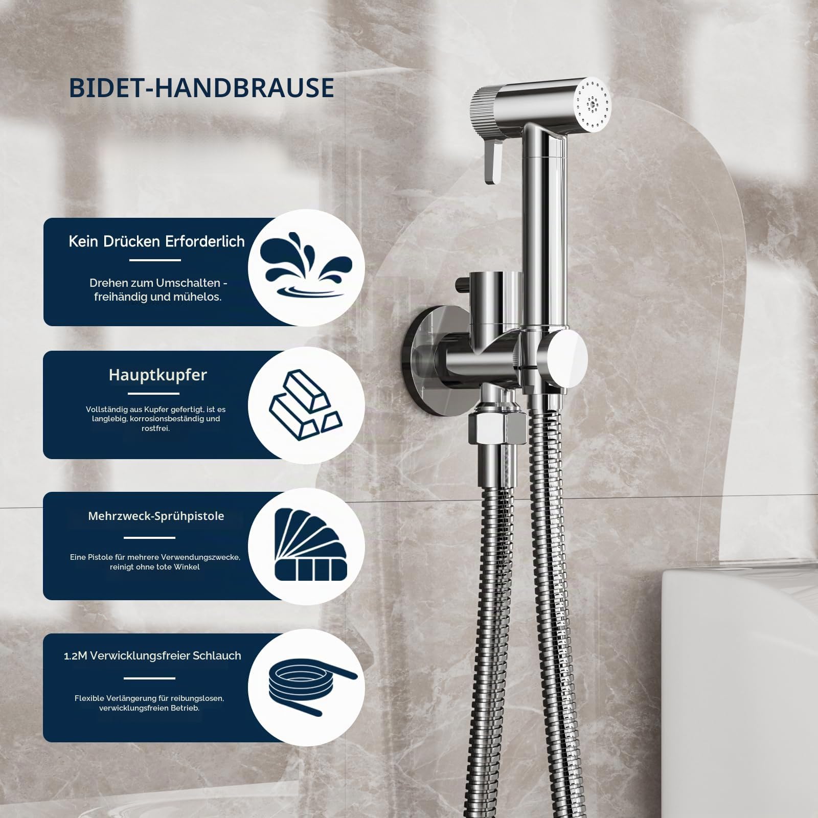 Bidet handbrause,Chrom toiletten dusche,2 Wasserstrahl-Modi,Kein Drücken Erforderlich,Multifunktionale bidet brause,Toilettendusche mit Halter und Schlauch,Für die Badezimmerreinigung