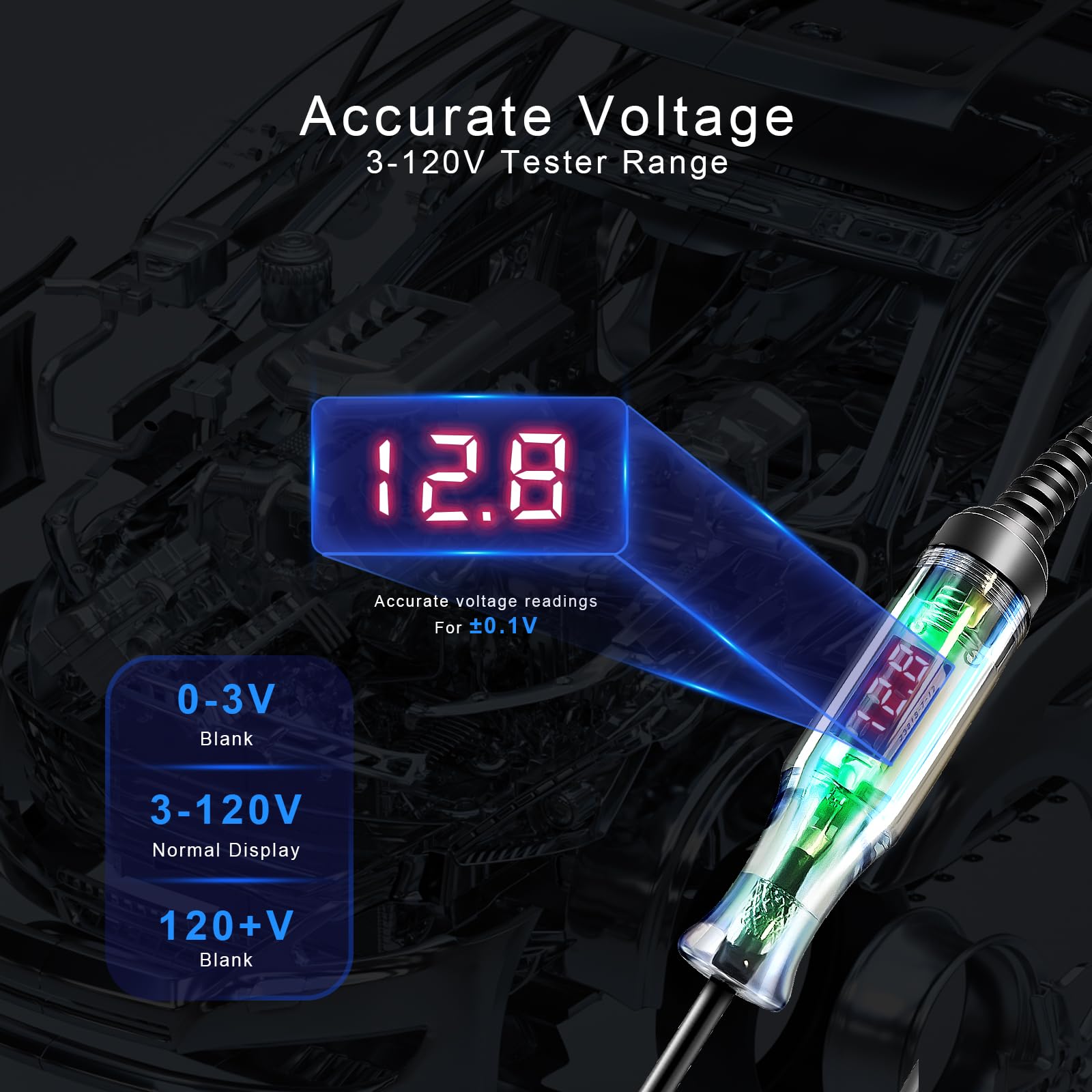 Tester per circuiti automobilistici da 5-120 V, display digitale di tensione a LED con cavo a molla esteso in PU nero, sonda in acciaio duro affilato, circuiti per veicoli a bassa tensione CC, tester