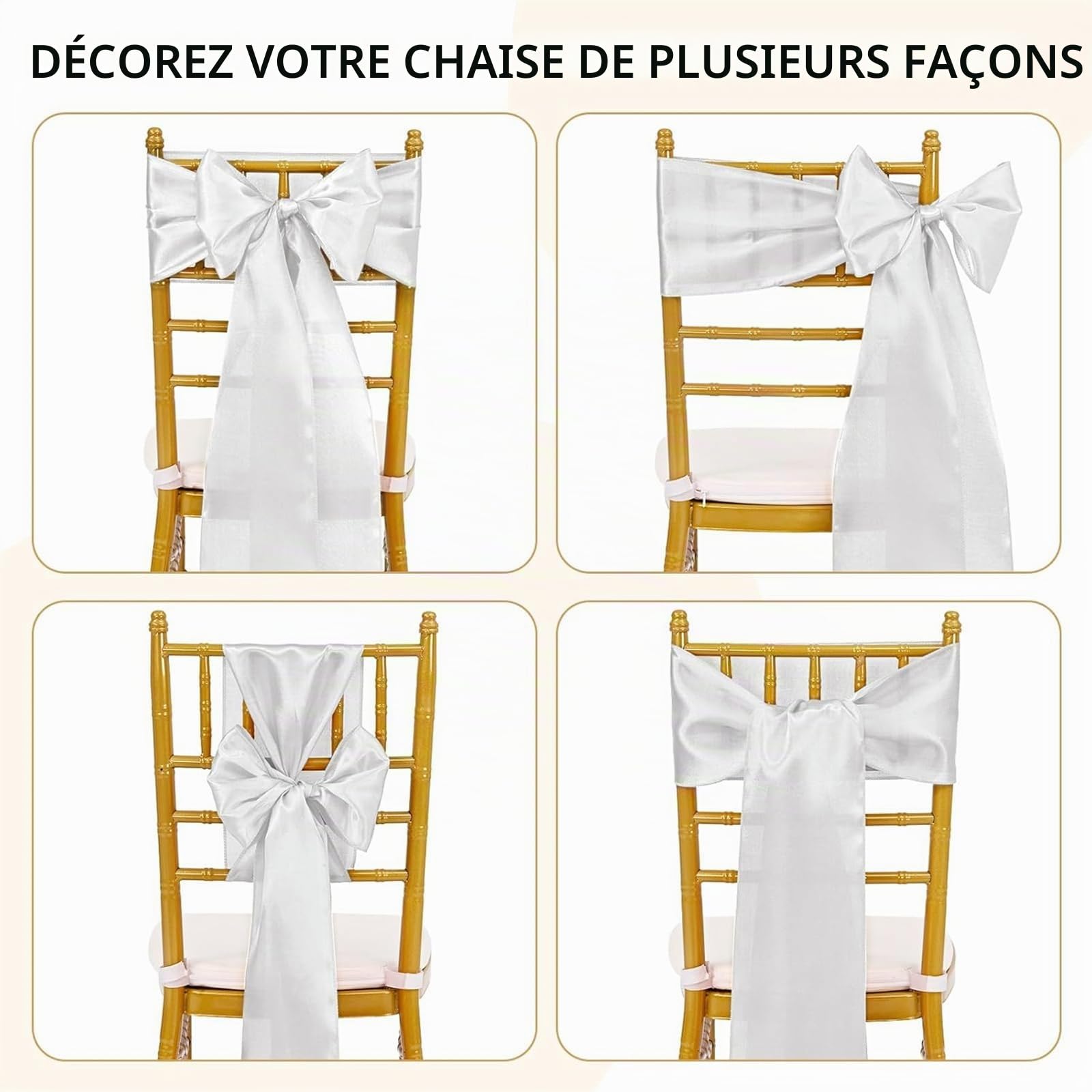 Highdi Rubans en Satin Tissu Housse de Chaise Nœuds Papillon Ruban Ceinture Nœuds de Mariage pour Fournitures de Ceremonie Fête de Anniversaire Décoration (50 Pièces,Blanc)