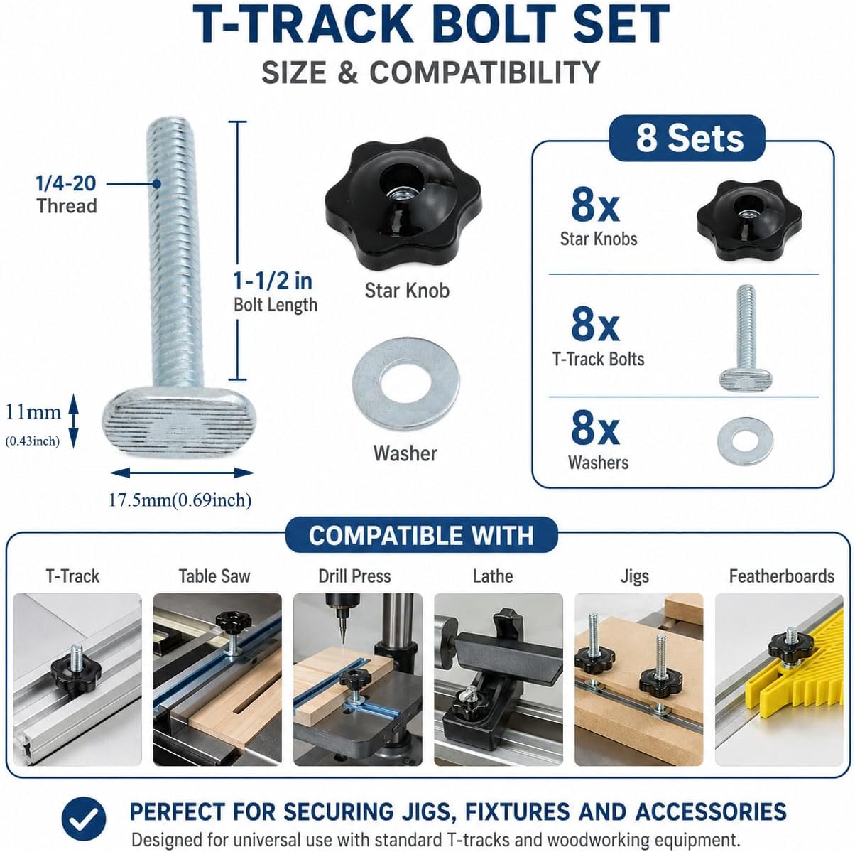 yukata Silver 1/4-20 inch T Track Bolts t Slot Hardware T-Track 1-1/2 Inch Long Bolts 1/4 inch Black Star knobs and washers for Woodworking Fixtures and Fixing Devices 8 Set
