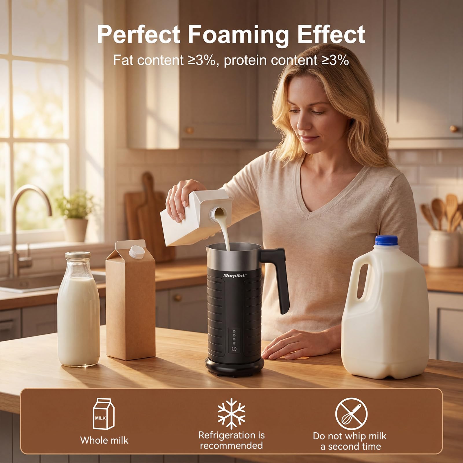 Morpilot Montalatte Elettrico, 4 Modalità (Schiuma Calda Densa/Leggera, Fredda, Latte Caldo) – 115ml Schiuma / 240ml Riscaldamento, Silenzioso, Tutto in Lavastoviglie