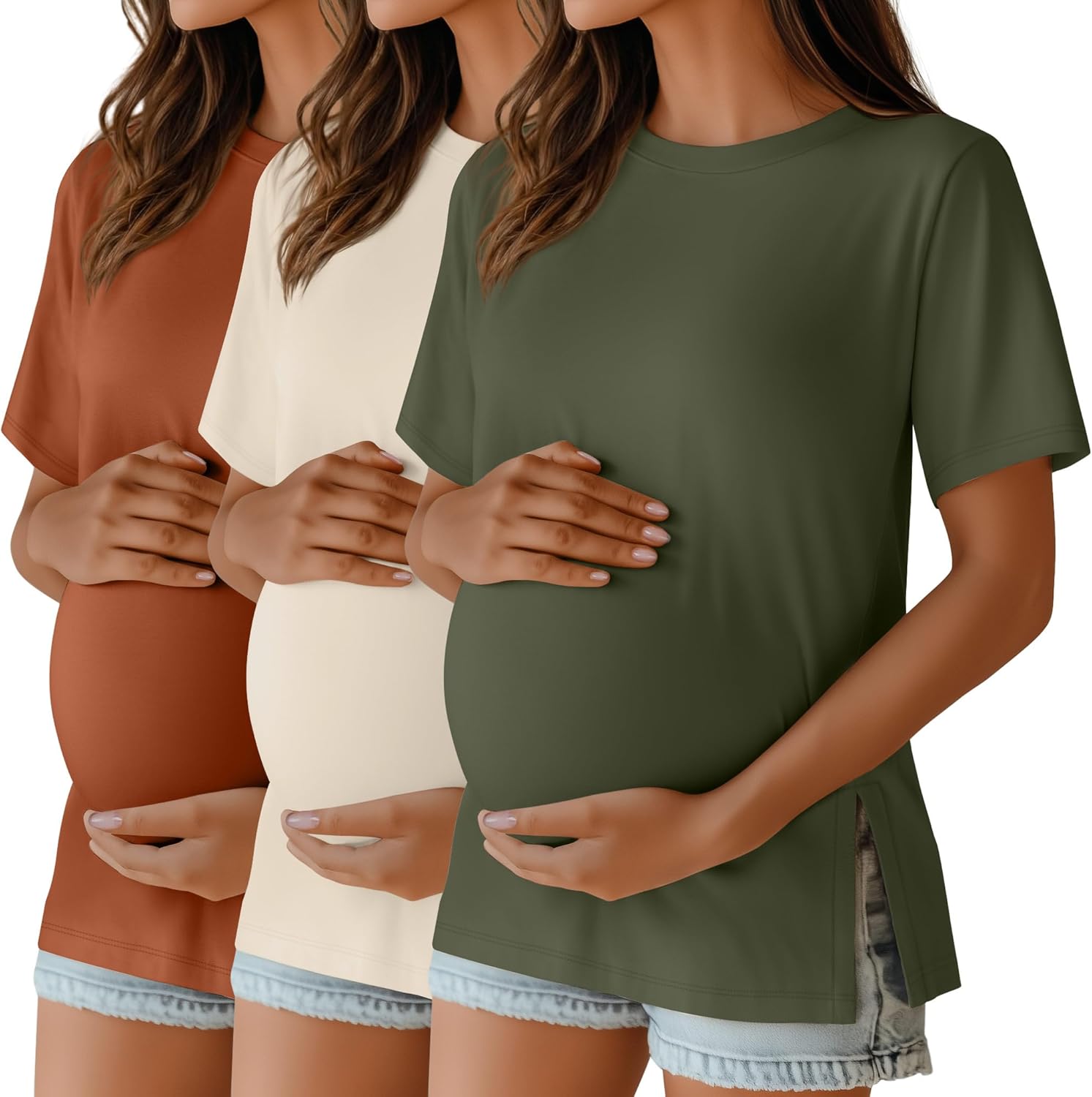 Ficerd 3 Pack Women's Maternity T Shirts, Short Sleeve Side Split Pregnancy Tops Casual Crew Neck Pregnant Tees Mama Clothes