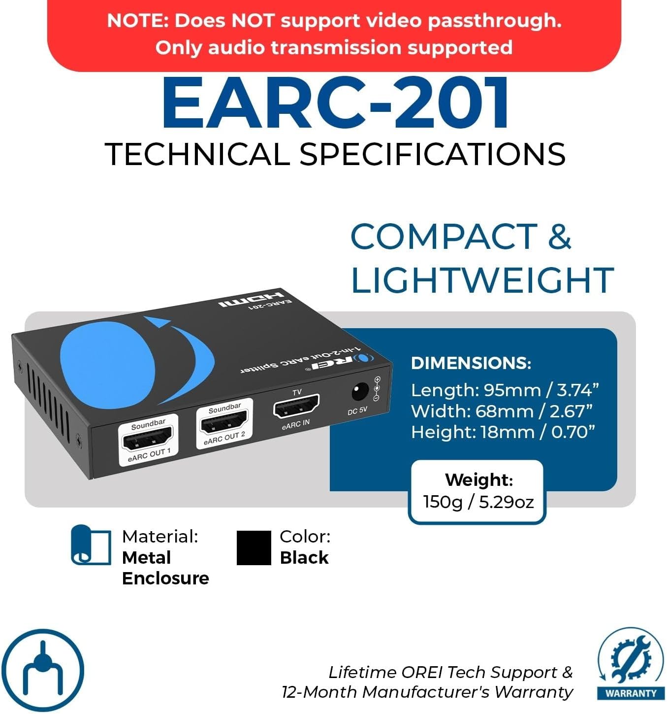 OREI eARC Audio Splitter 1 in 2 Out – HDMI ARC/eARC Audio Extractor & Splitter, Dolby Atmos, DTS:X, TrueHD, CEC Volume Control, Dual Soundbar Audio Adapter