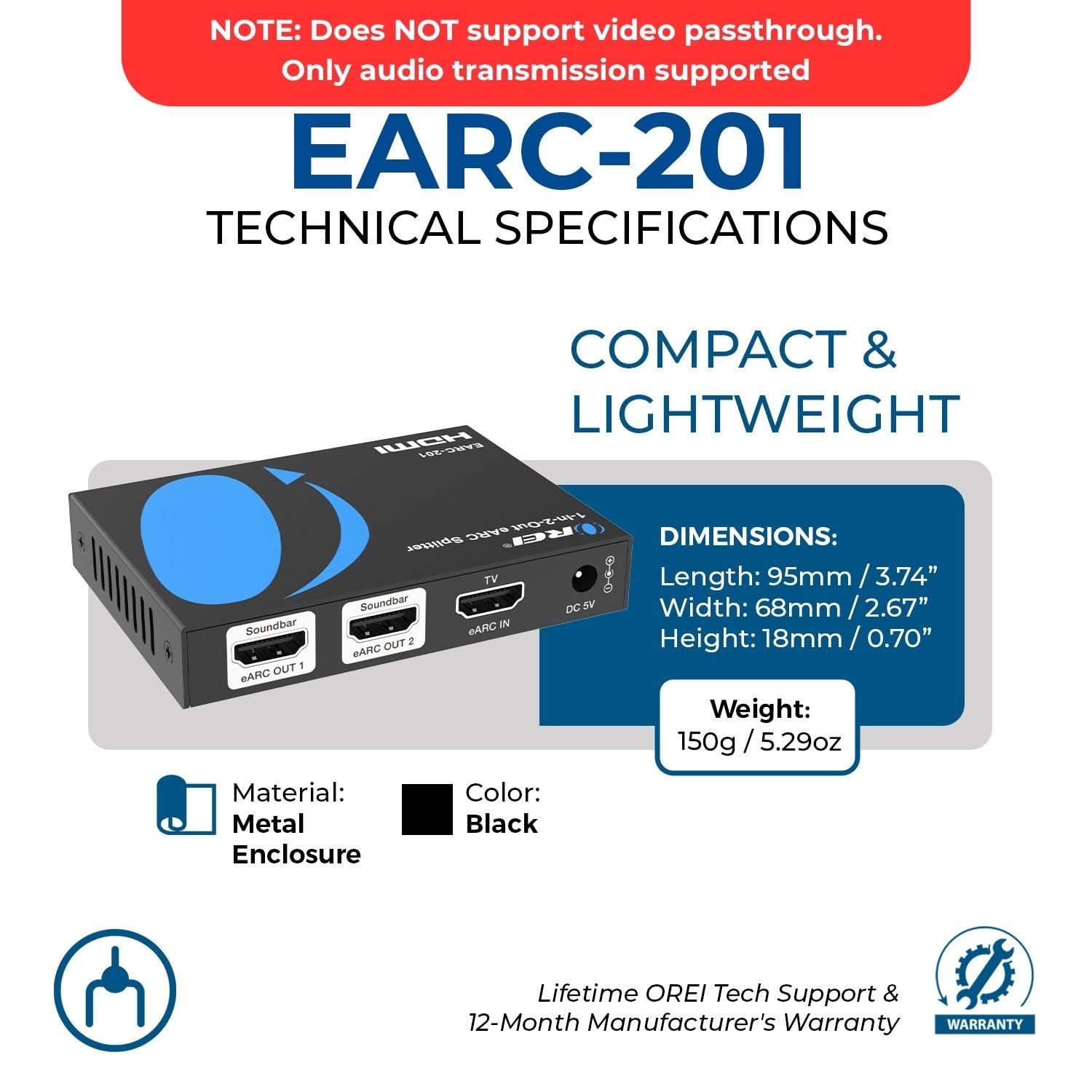 OREI eARC - Divisor de audio 1 en 2 salidas - Extractor y divisor de audio HDMI ARC/eARC, Dolby Atmos, DTS:X, TrueHD, control de volumen CEC, adaptador de audio de barra de sonido dual