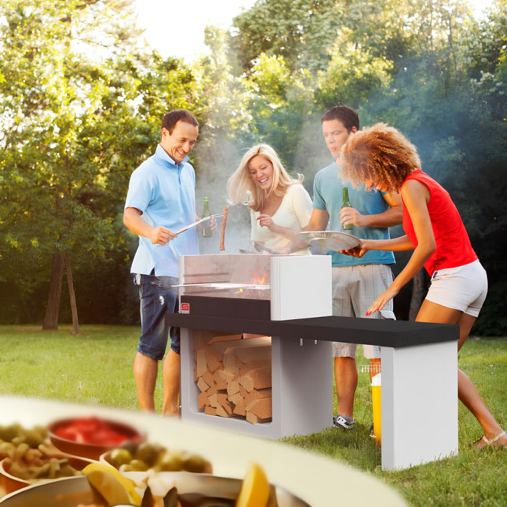 SAROM Porto New, Barbecue in Calcestruzzo Alleggerito con Tavolo Laterale Integrato, Griglia Cromata 67x40 cm, 3 Altezze Regolabili, Safe Grill, 160x51,5x96,8 cm, 259 kg