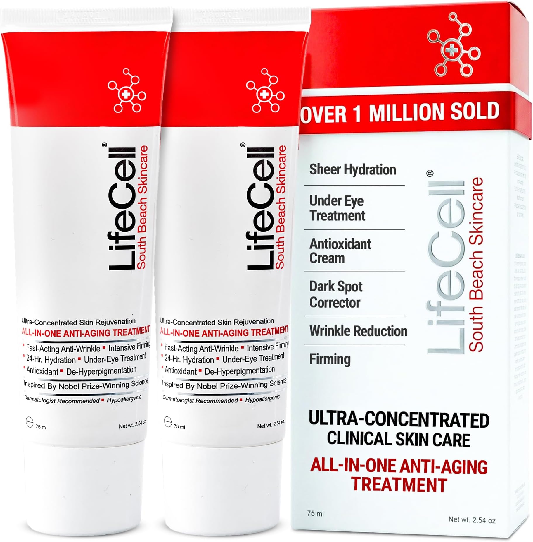 LifeCell All In One Anti-Aging Cream – Reduces Wrinkles, Fine Lines, Dark Circles & Sun Damage – Retinol, Vitamin C, DMAE & Hyaluronic Acid – Fragrance-Free, for All Skin Types (2.54oz), 2-Pack