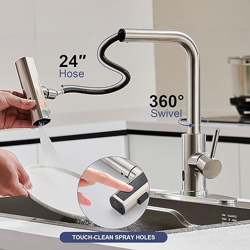 Miniatura 89 de Grifos de cocina de níquel cepillado con rociador desplegable y dispensador de jabón, un solo orificio y mango, grifo extraíble, grifo de fregadero