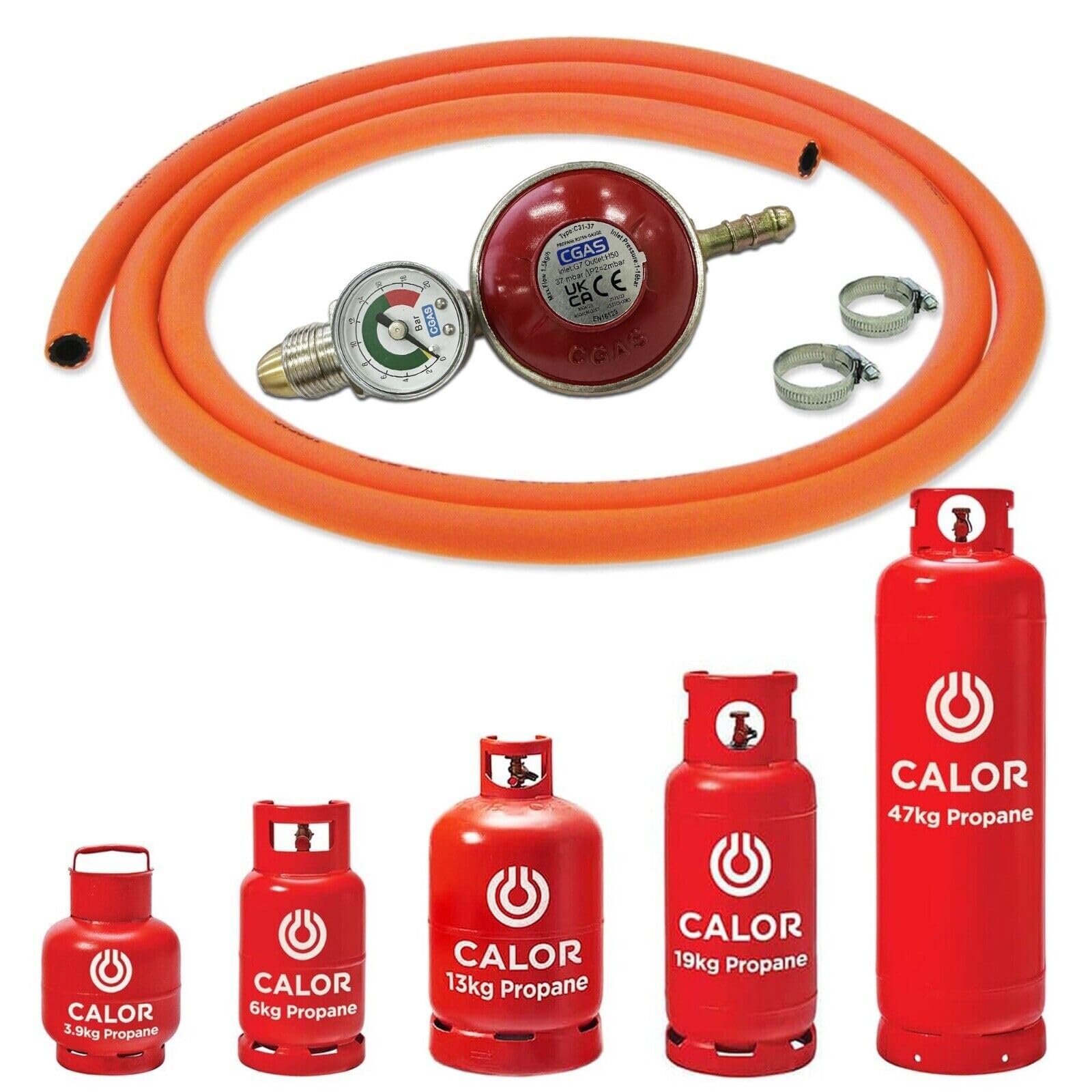 Catering Parts UK Propane Gas Bottle Regulator Kit With Pressure Dial 2m Orange Hose 37mbar Screw On and Clips