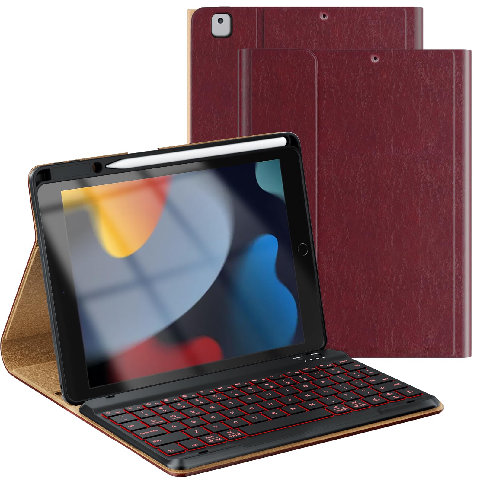 OPAKIT Leather Keyboard Case for iPad 9th/8th/7th Generation 10.2 inch, iPad Pro 10.5-inch Air 3rd Case with Pencil Holder, 7 Color Backlight BT