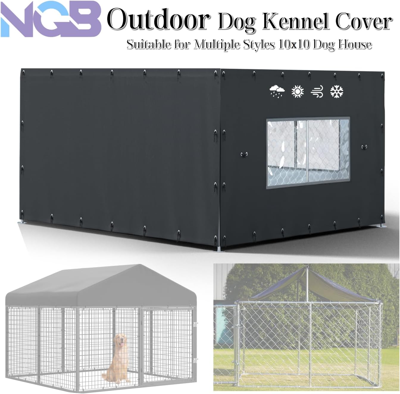 NGB Outdoor Kennel Cover Suitable for 10'W x 10'L Outdoor Kennels, with Multiple Elasticized Ball Cords, Made of 600D Waterproof Oxford Fabric, Kennel Side Cover for Winter.