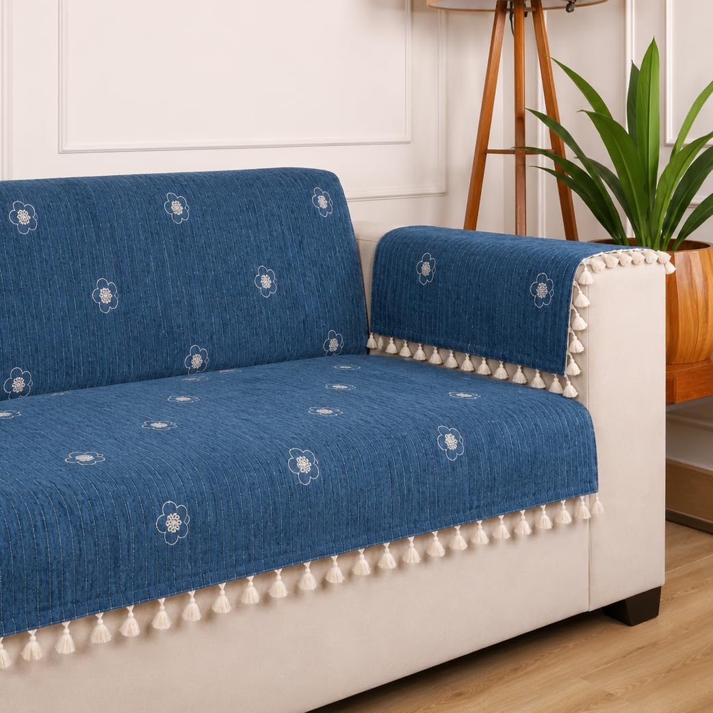 STITCHNEST Artisoul Series Chenille Sofa Cover 2 Seater Fully Covered with 2 Hand Rest Covers | Premium Heavy Fabric, Washable & Fade Resistant |Blue Sofa Protector with Tassels | Size 48x60 Inch