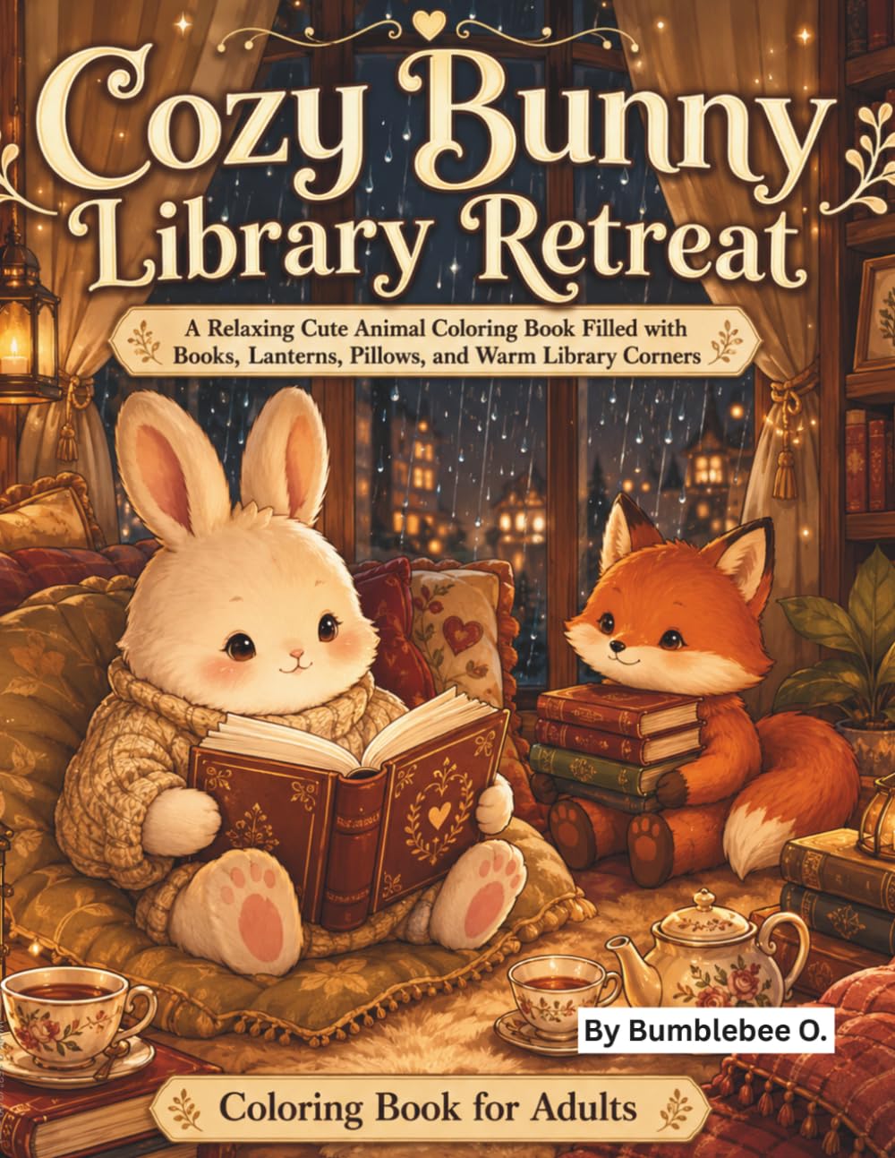 Cozy Bunny Library Retreat: A Relaxing Cute Animal Coloring Book Filled with Books, Lanterns, Pillows and Warm Library Corners . Coloring Book for Adults