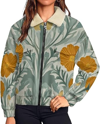 Polar Fleece Jacket Women Full Zip Plus Size Sherpa Fleece Coats, Double Zipper fern tropical Jacket Long Sleeve Cardigan, Warm Lapel Sweatshirt, Size S-5XL