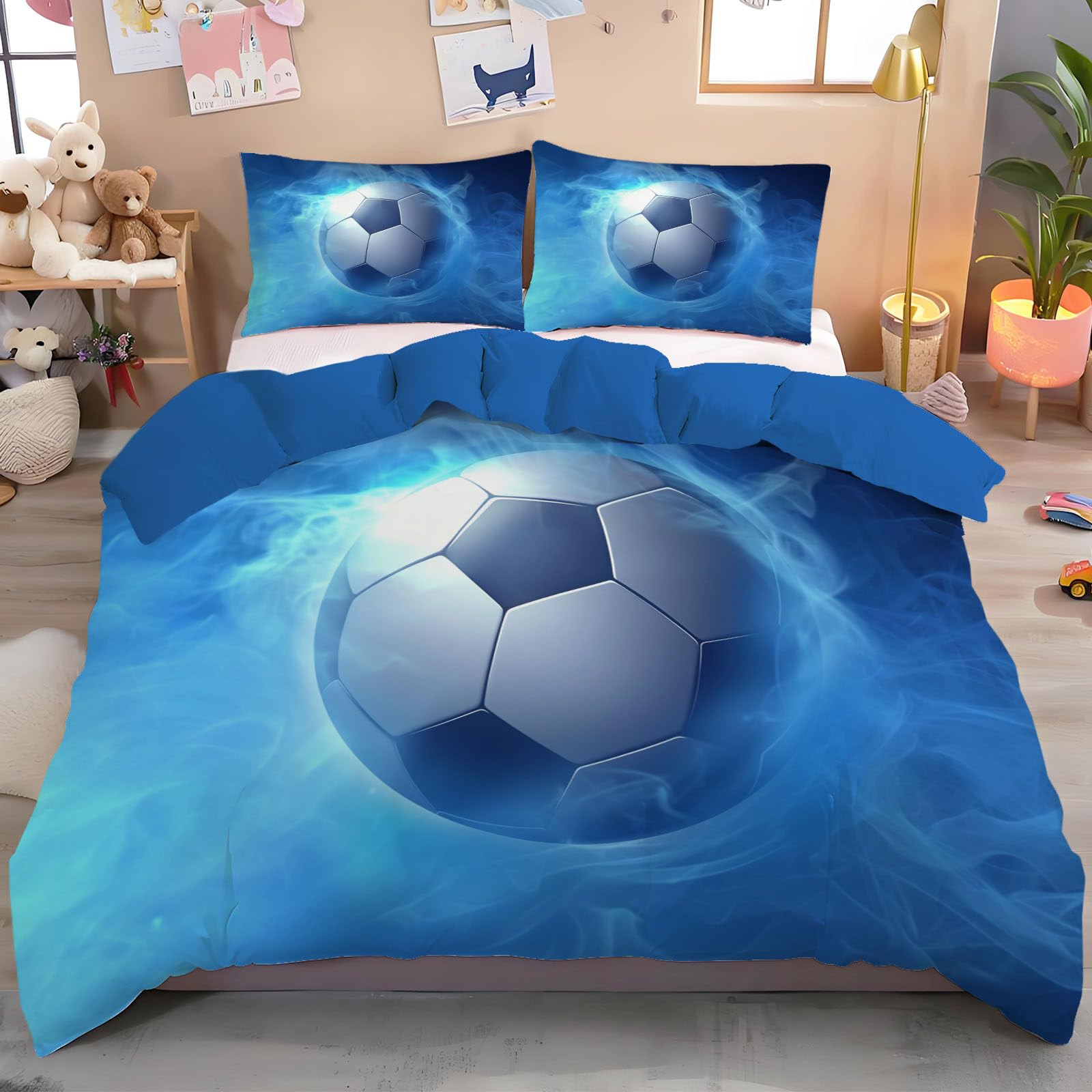 Housse de couette football 140x200 bleu anti-plis parure lit enfant microfibre facile à laver