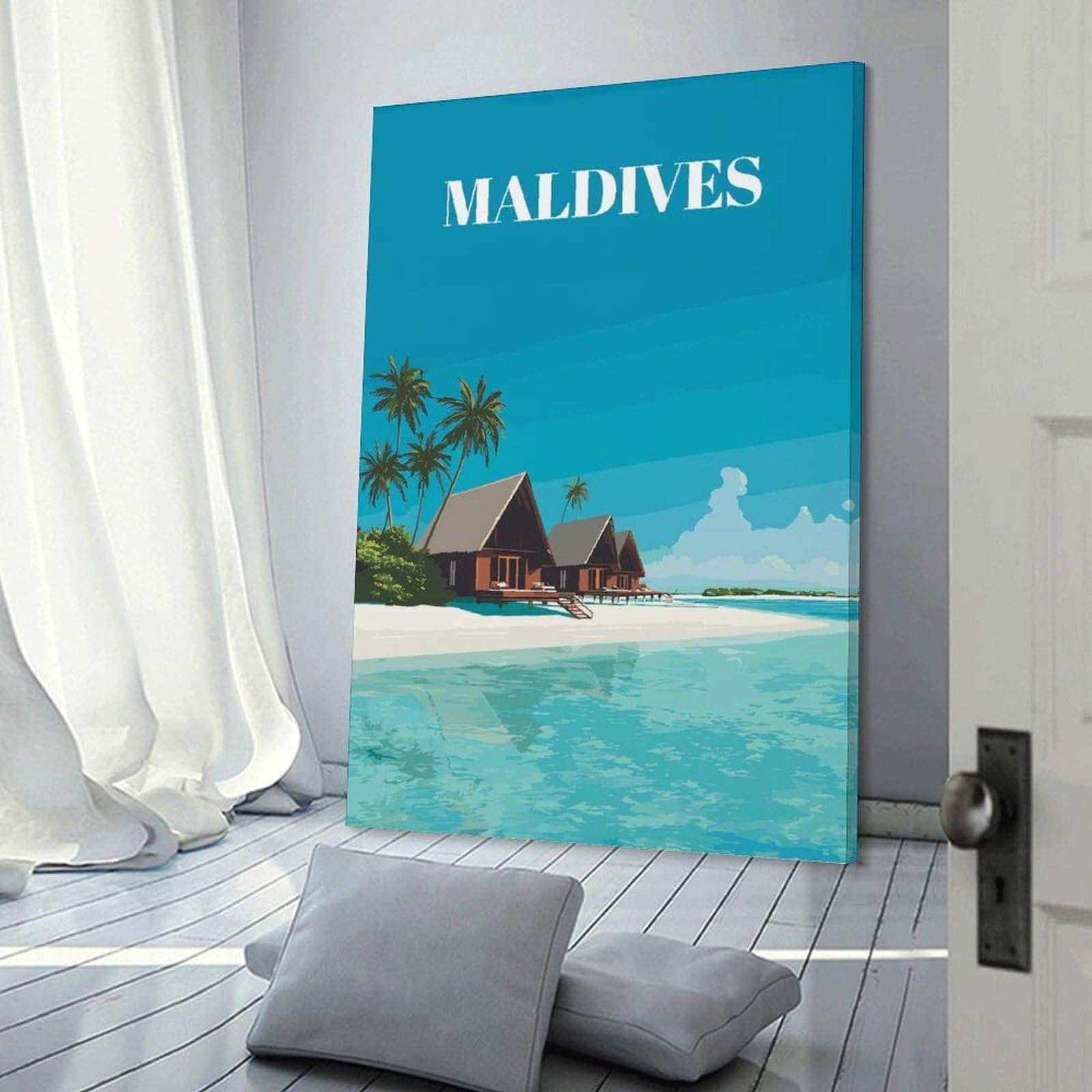 Junmoney Maldives Tropical Beach Resort Illustration Canvas Wall Picture 12x18inch(30x45cm), for Contemporary Homes, Apartments Or Offices, Wall Decor with Flexible Room Appeal