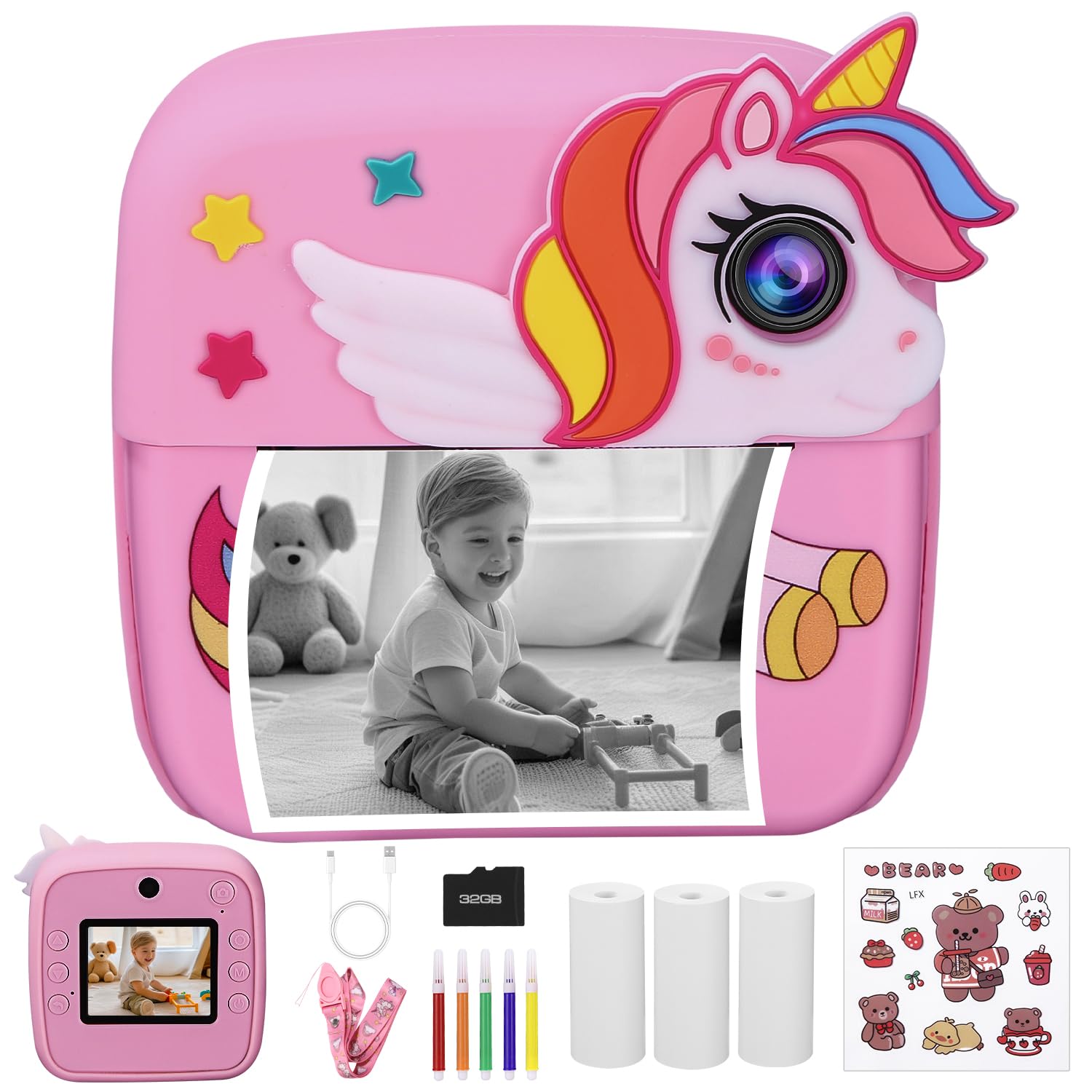Camara Fotos Infantil instantanea Unicornios, 2,4" HD 1080P Cámara Instantánea para Niños con Tarjeta de 32G Bolígrafos de Colores y Papel de Impresión, Niños y Niñas de Años Regalos de Cumpleaño