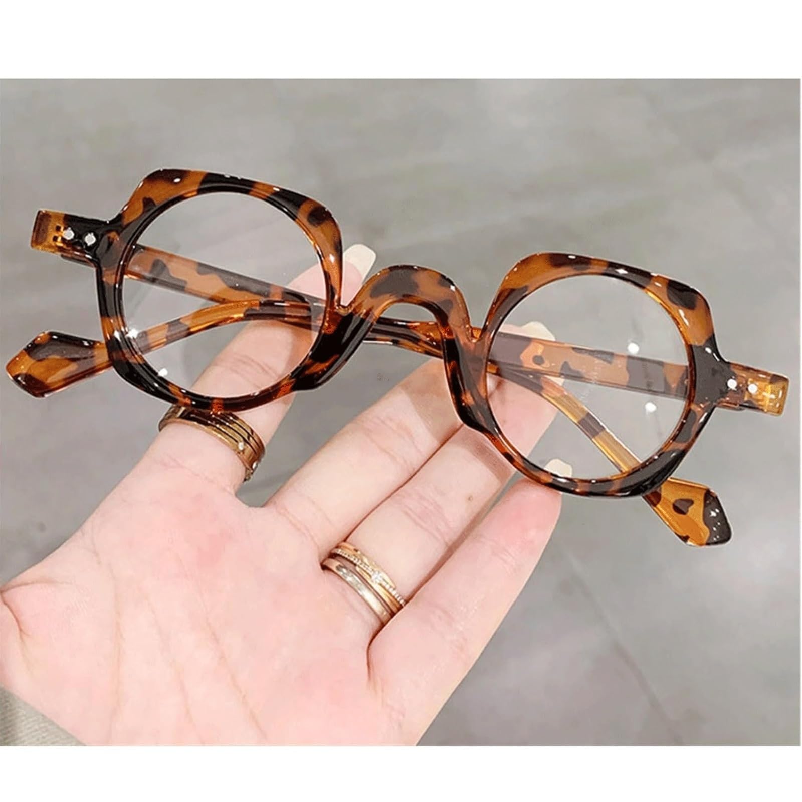 Vintage-Brillenfassungen, runde Brillen, Acetat-Brillen for Computer, klare Gläser, Nicht verschreibungspflichtige Brillen, sechseckige Lesebrillen(Leopard)