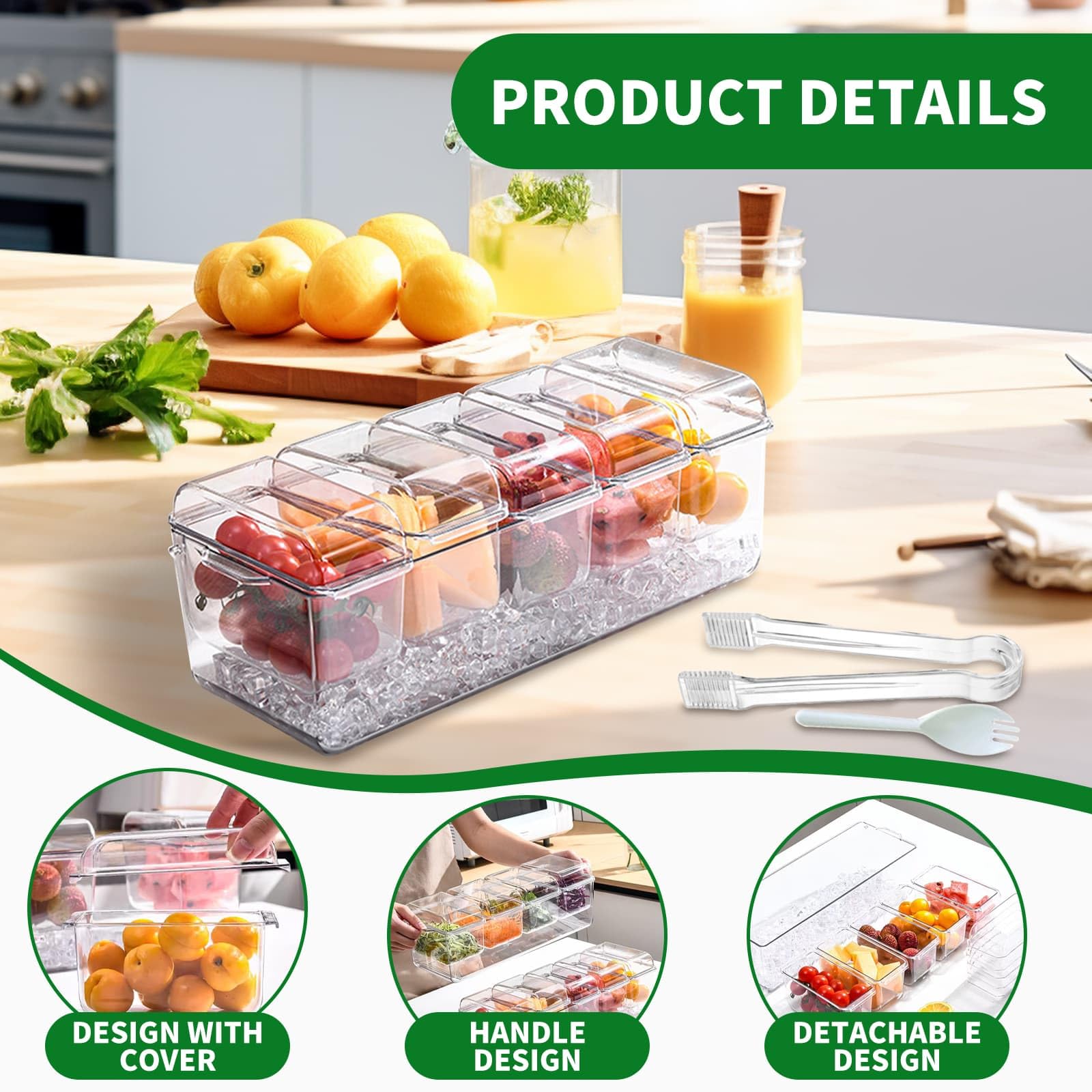 DYUEE Bac à condiments glacé avec 5 récipients, plateau transparent réutilisable avec couvercle avec 5 compartiments amovibles, 5 fourchettes et 3 clips, pour bol de service à glace, fruits, collation