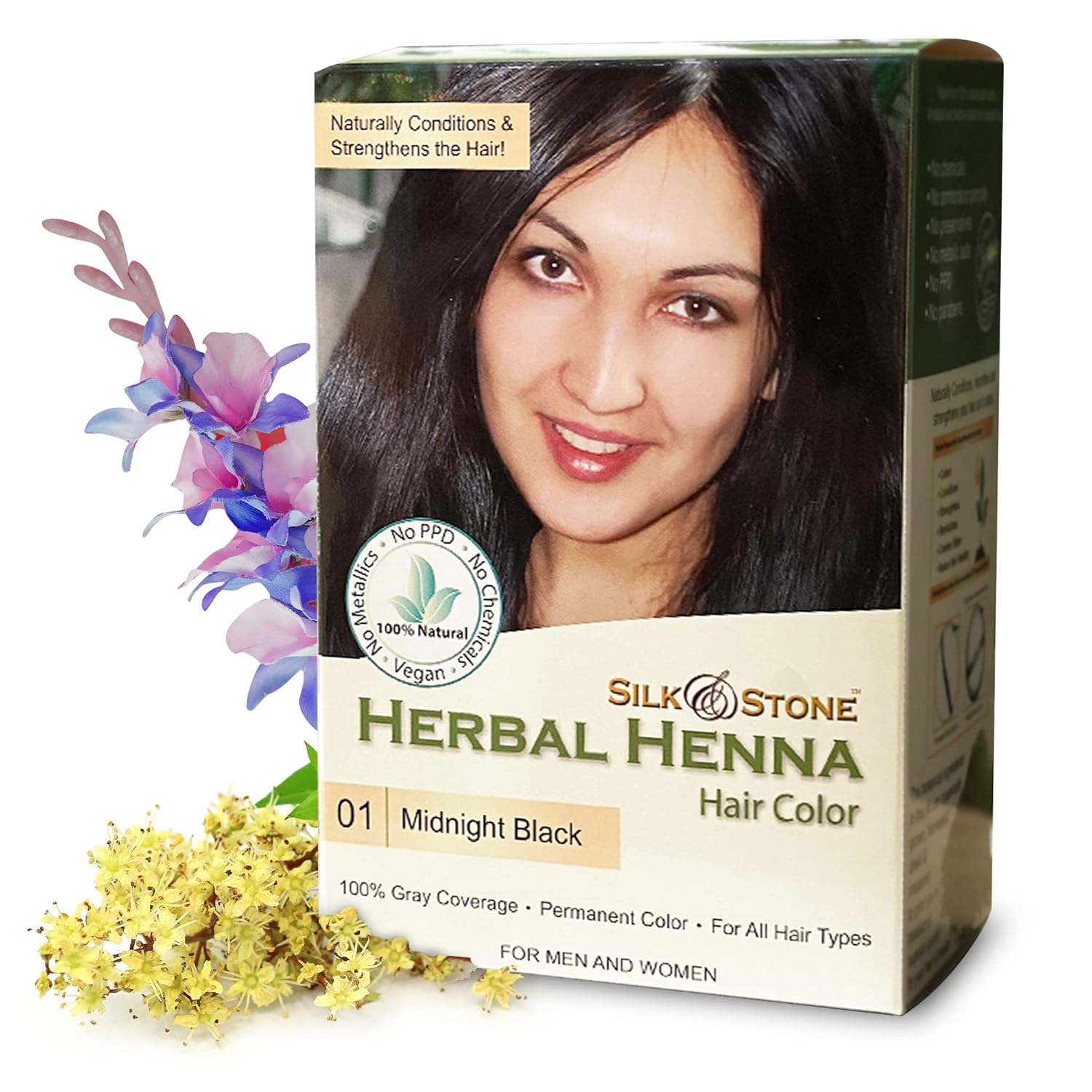 01 Midnight Black, Herbal Henna Hair Color for All Hair Types, Vegan Black Henna Hair Dye for Men and Women, Natural Hair Color for Gray Hair Coverage - Silk and Stone