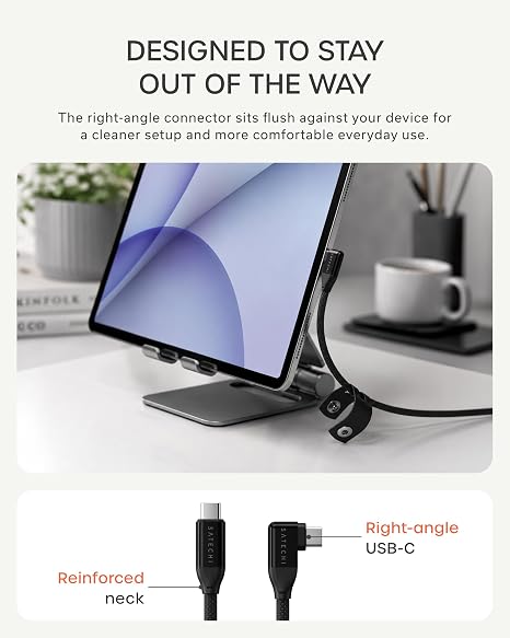 Satechi Right Angle USB-C Cable, 240W PD Charging, 3.3 Ft, Braided, Black