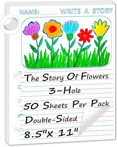 50 hojas de papel de escritura de historias de 8.5 x 11 pulgadas para niños, papel de dibujo y escritura de hojas sueltas de 34 pulgadas de regla