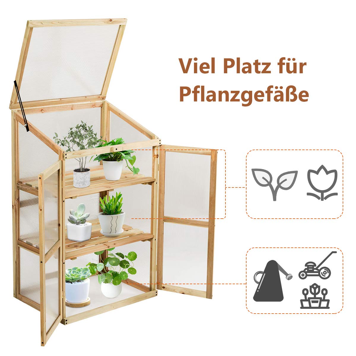 COSTWAY Broeikas met plank, verhoogd bloembed van dennenhout, klapdeur met scharnieren, plantenbak, plantenkas