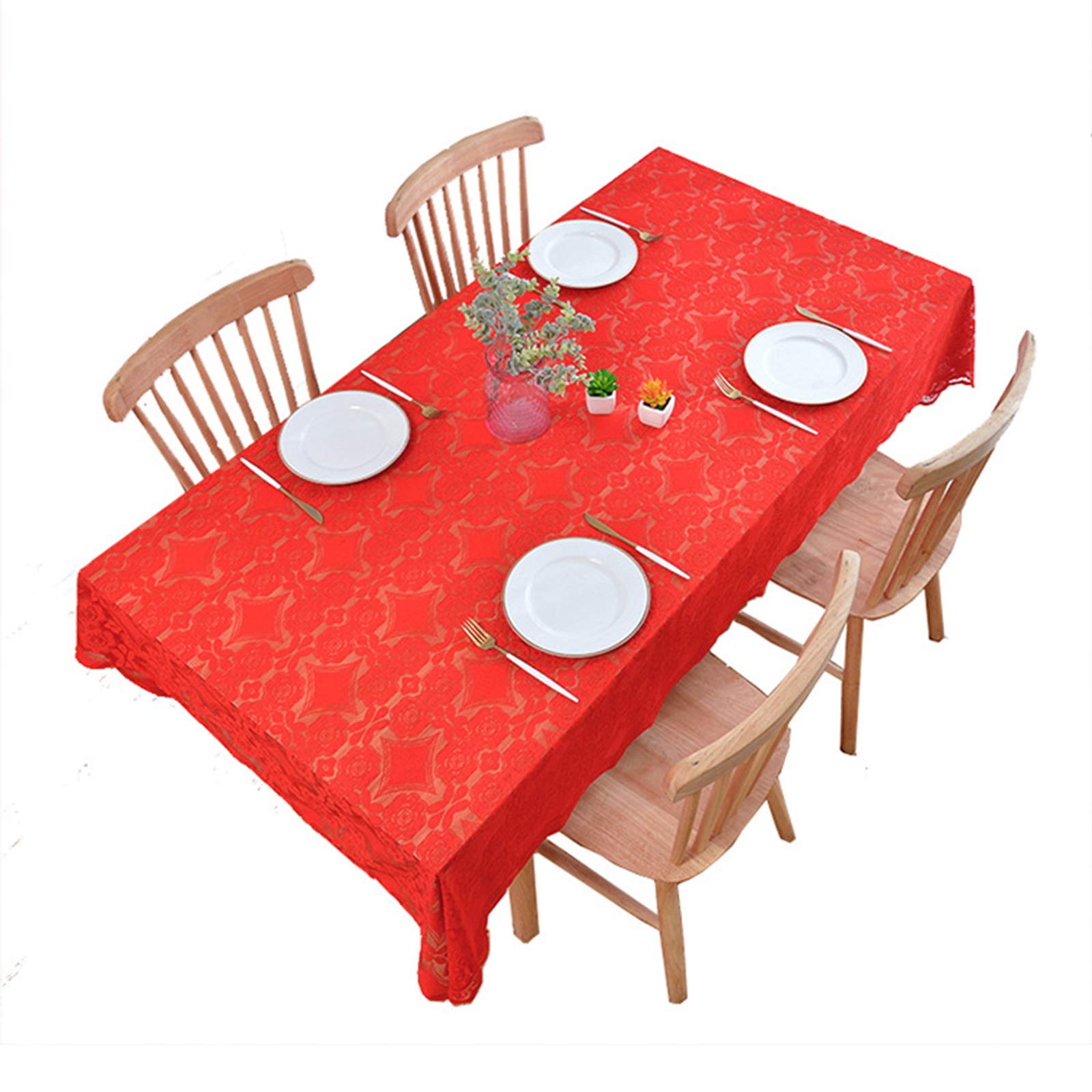 Nappe rouge de Noël brodée 145x180 cm en dentelle florale anti-plis